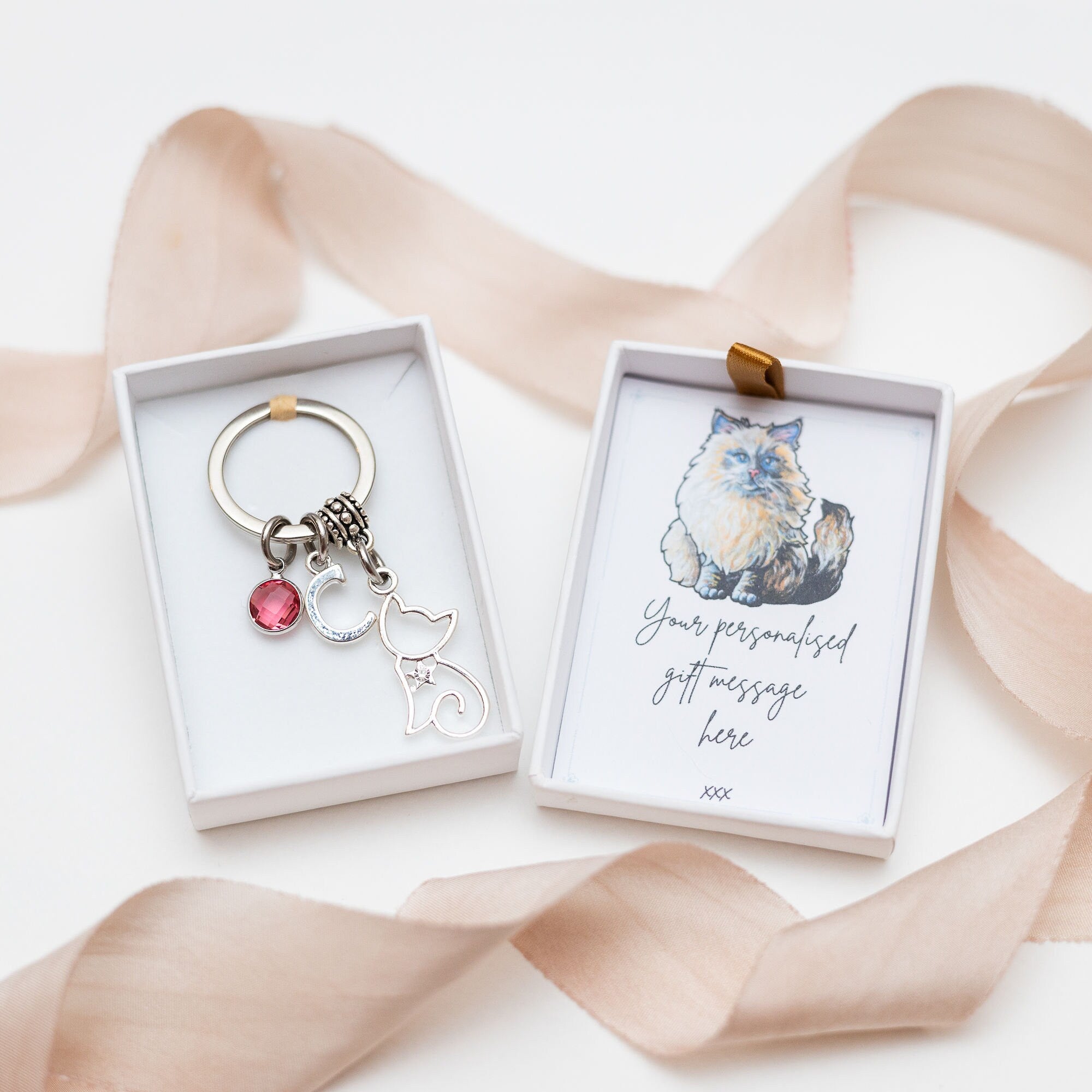 Cat keychain, animal keychain,  personalised gifts, initial birthstone, cat owner gift, pet loss keepsake