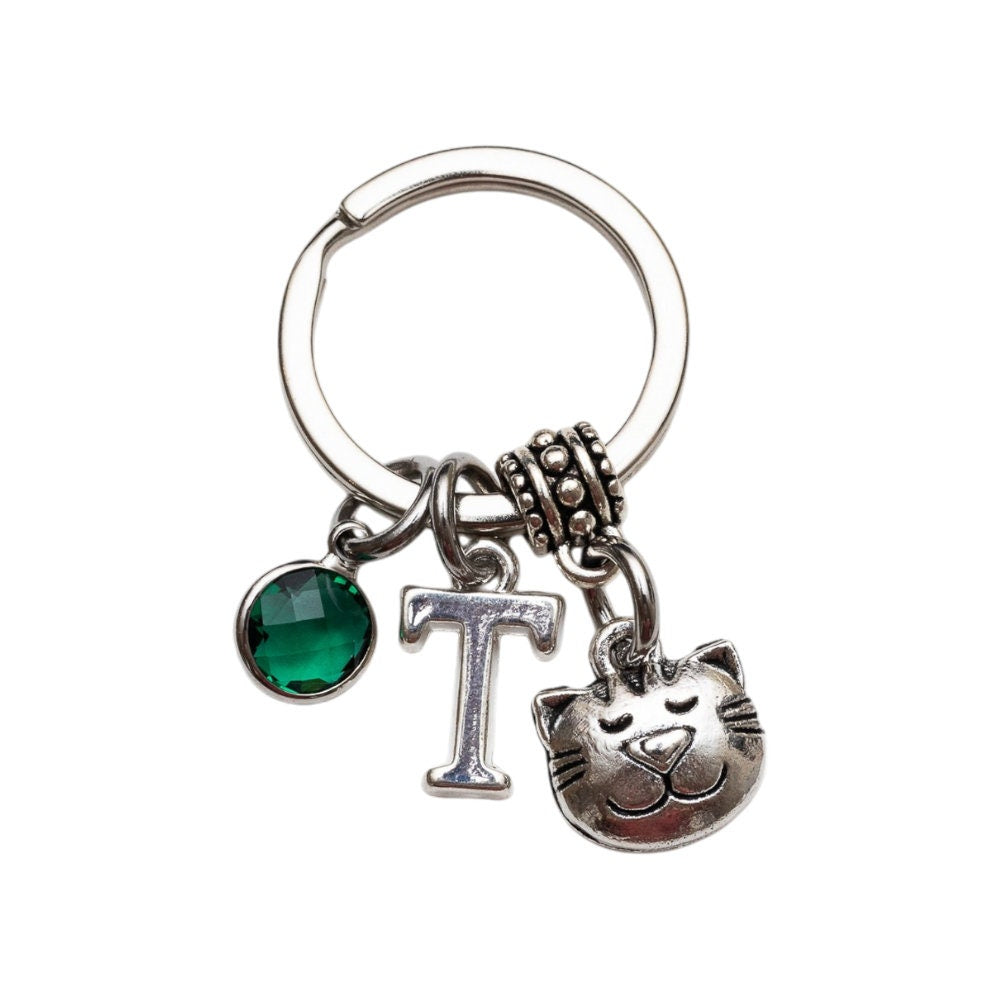 Cat keychain, cat face keychain, personalised gifts, initial birthstone, cat owner gift, pet loss keepsake, cute animal bag charm