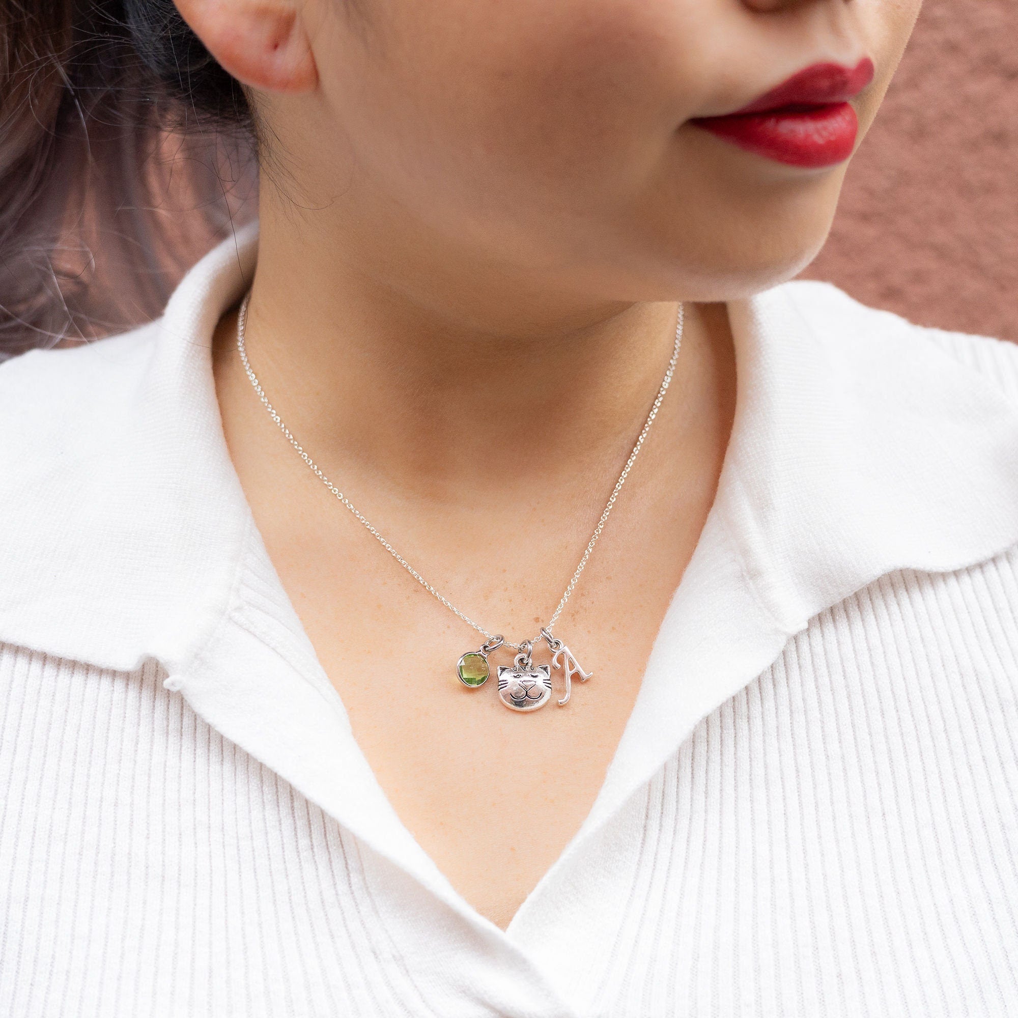 Cat Face Necklace: Personalised Birthstone & Letter Charm