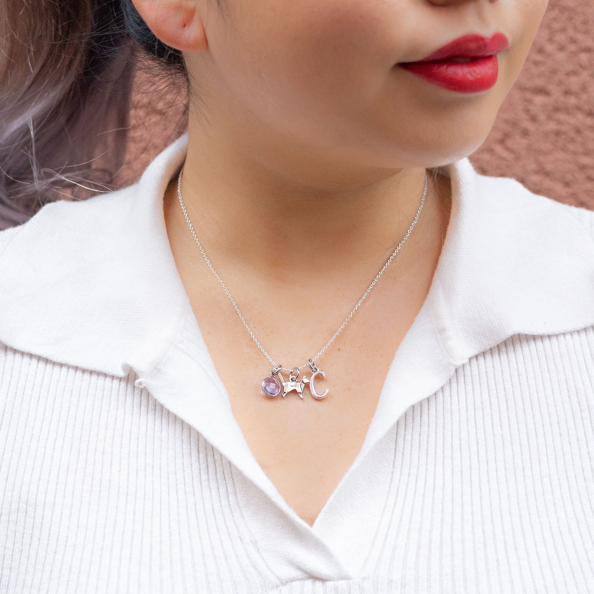 Origami cat necklace, personalised gifts, birthstone jewellery, initial charm, new kitten gift, pet loss keepsake, pet sitter thank you