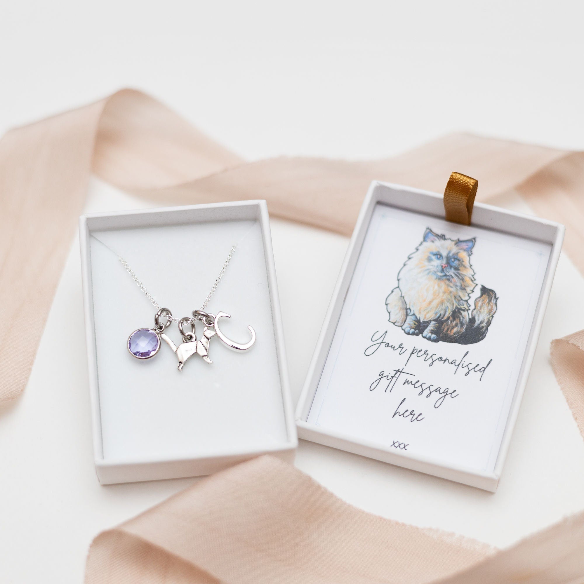 Origami cat necklace, personalised gifts, birthstone jewellery, initial charm, new kitten gift, pet loss keepsake, pet sitter thank you