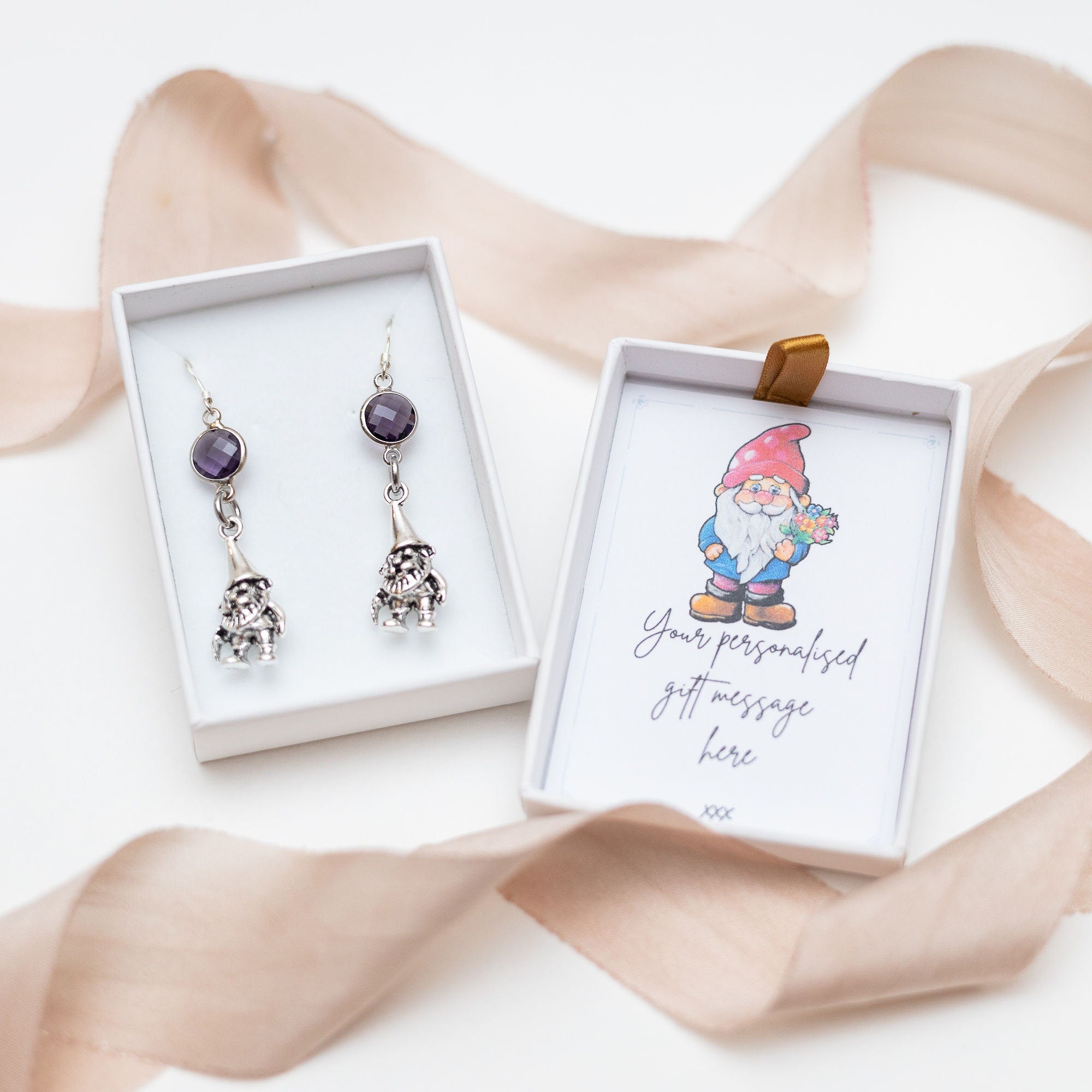 Gnome earrings, birthstone jewellery, personalised gifts, charm drop earrings, gnome jewellery, gift for gardener, garden gnome present