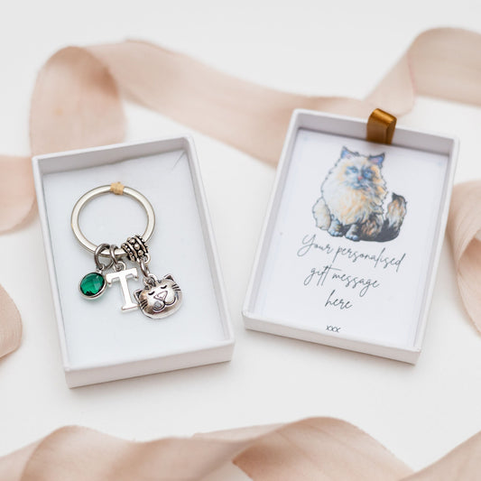 Cat keychain, cat face keychain, personalised gifts, initial birthstone, cat owner gift, pet loss keepsake, cute animal bag charm