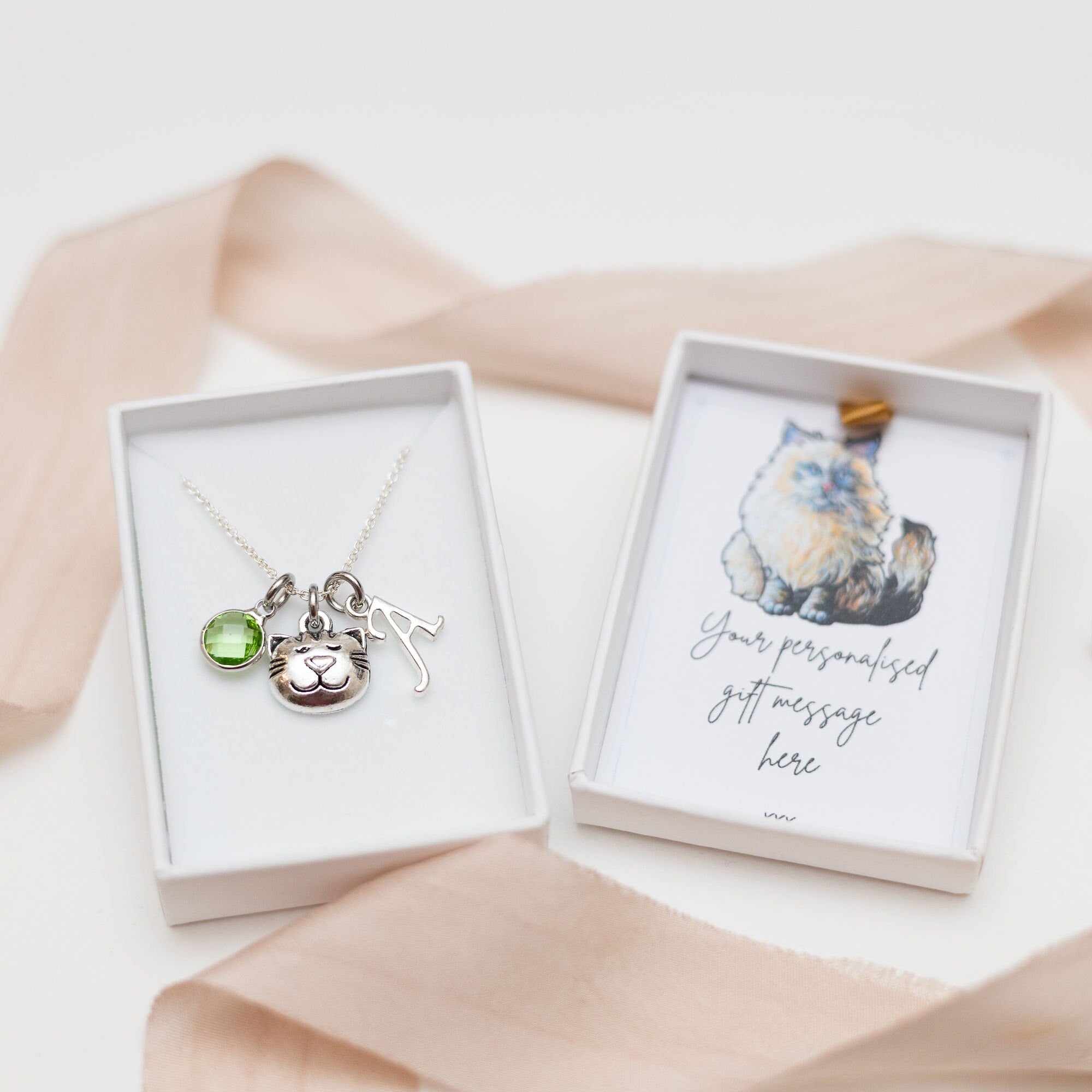 Cat Face Necklace: Personalised Birthstone & Letter Charm
