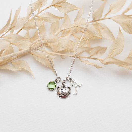 Cat necklace, cat face jewellery, personalised gifts, birthstone letter charm, new kitten, cute animal gift, pet loss memorial