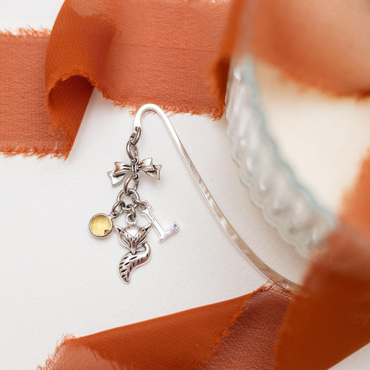 Fox bookmark, personalised gifts, birthstone initial, metal page marker, vixen gift, animal gift, woodland walks, Autumn decor, book lover