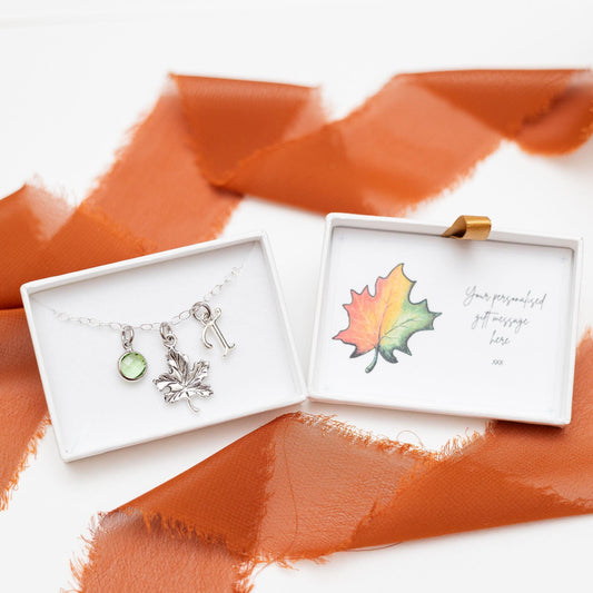 Maple leaf bracelet, personalised gifts, Autumn jewellery, tree theme gift, friendship keepsake, nature woodland gift, Canadian gift