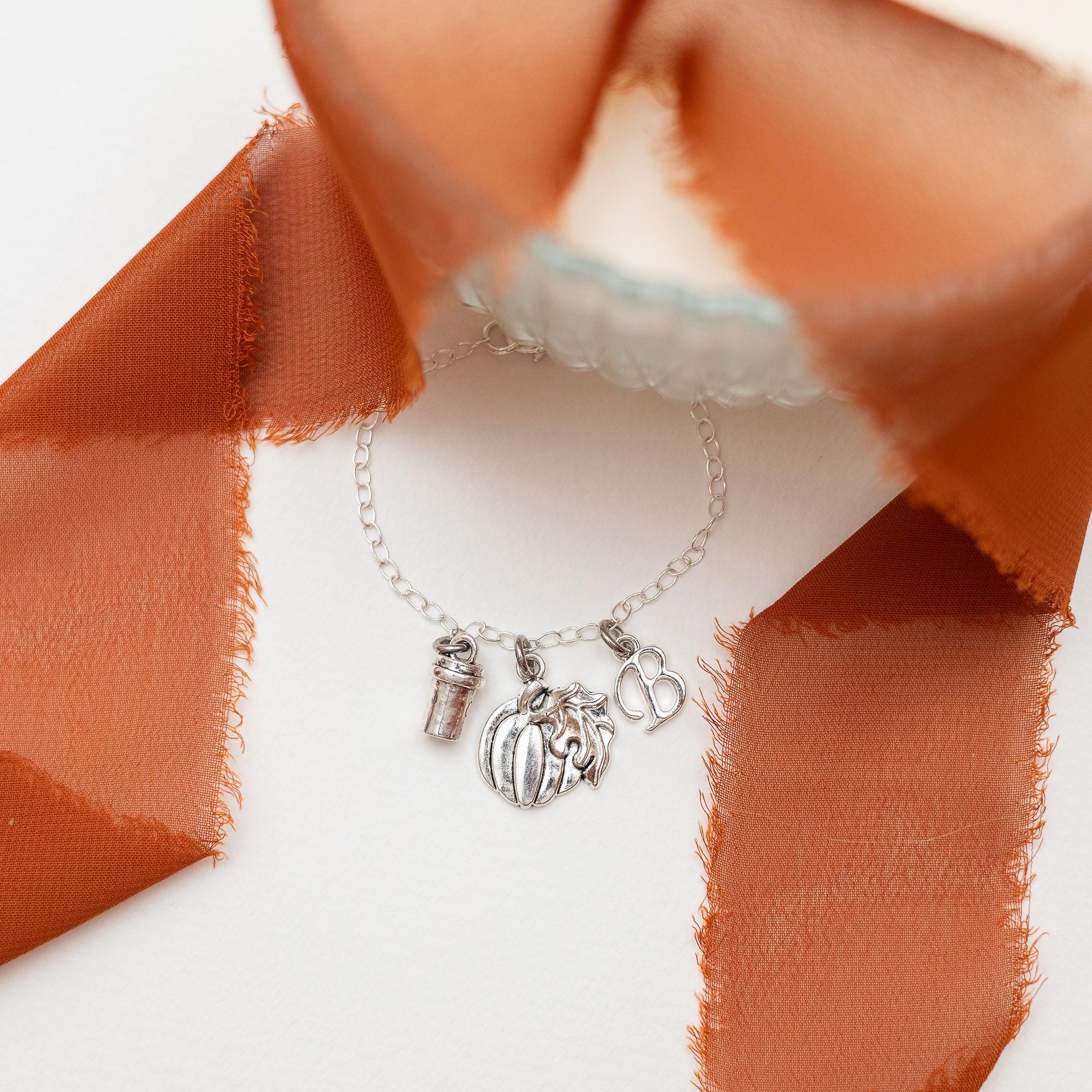 Pumpkin spice coffee bracelet, personalised gift, Autumn jewellery, friendship keepsake, October birthday, Halloween 2025, birthstone letter