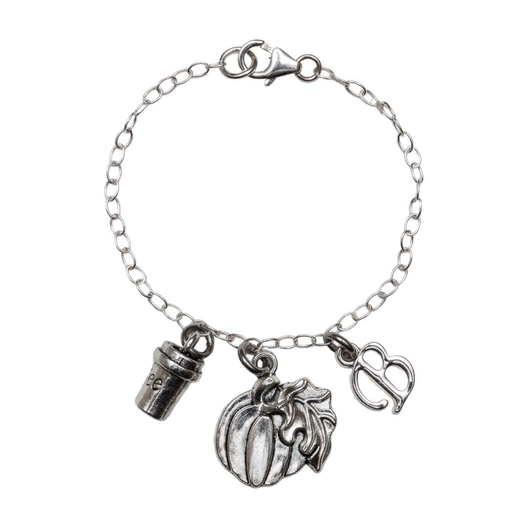 Pumpkin spice coffee bracelet, personalised gift, Autumn jewellery, friendship keepsake, October birthday, Halloween 2025, birthstone letter