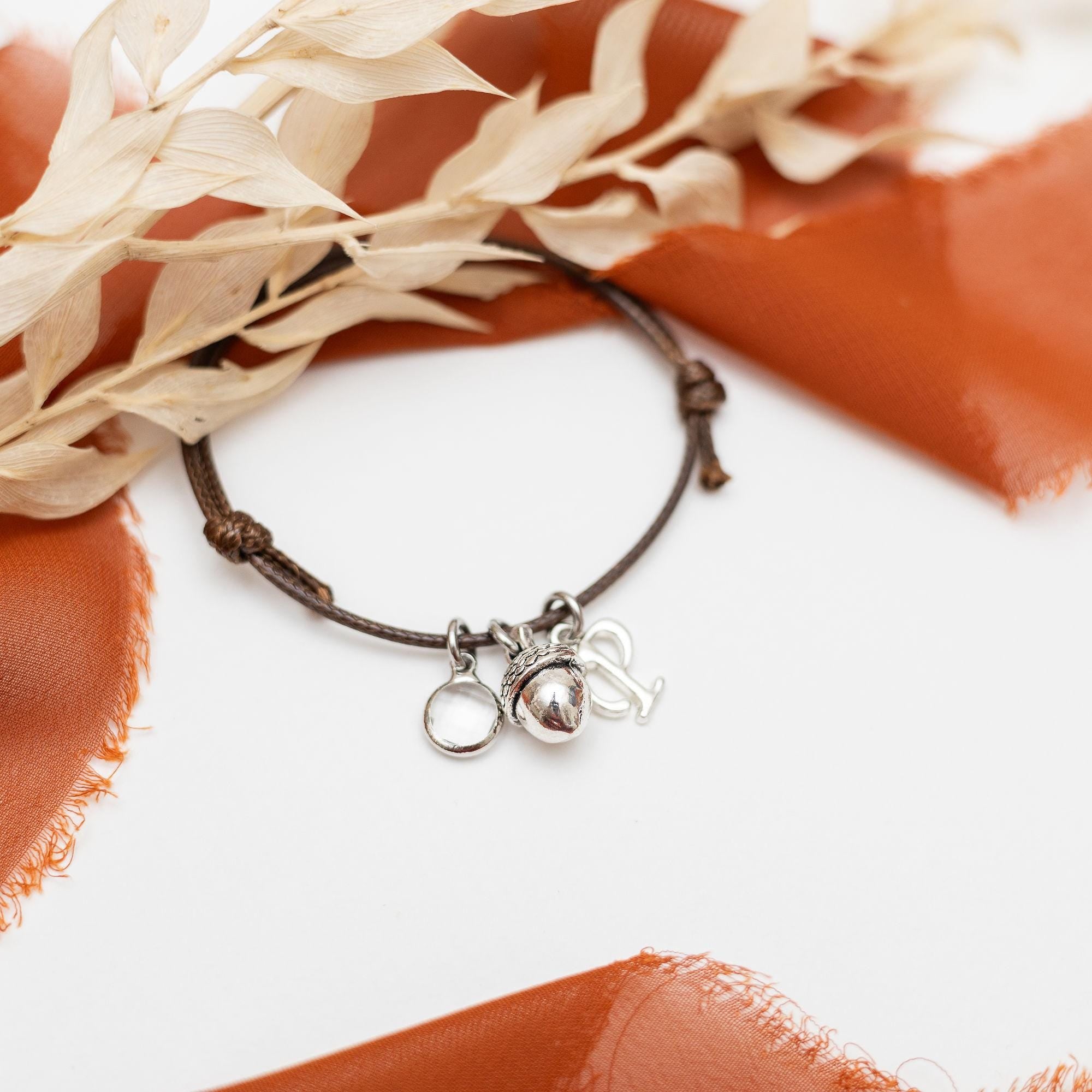 Acorn bracelet, waxed cord adjustable, personalised gifts, oak tree jewellery, acorn gifts, growth strength gift, birthstone letter, teacher