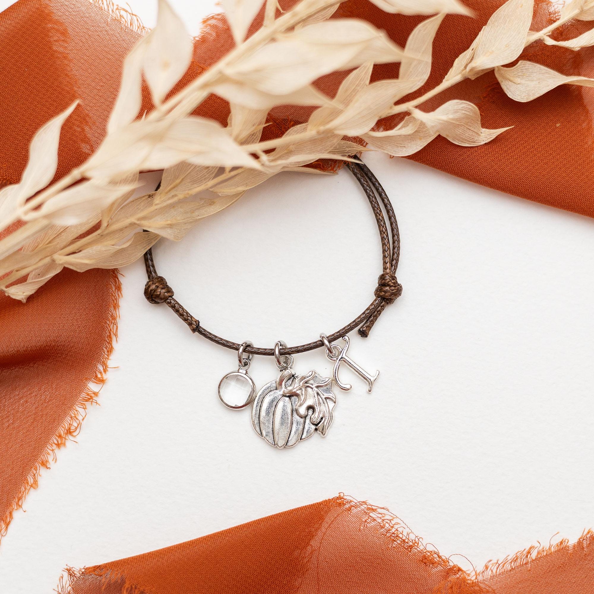Personalised Pumpkin Charm Bracelet: Birthstone Initial, Adjustable Cord