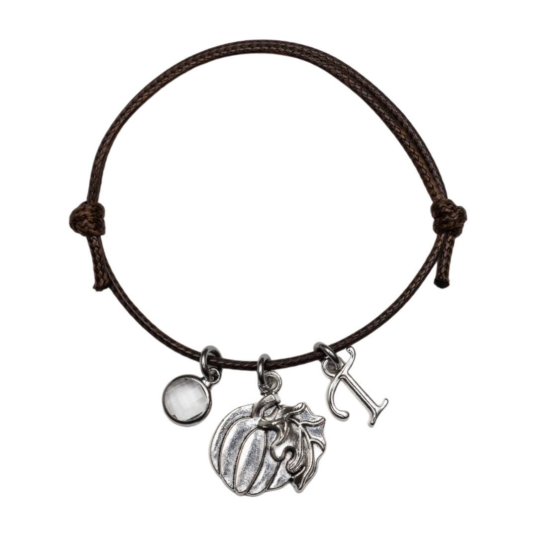 Personalised Pumpkin Charm Bracelet: Birthstone Initial, Adjustable Cord
