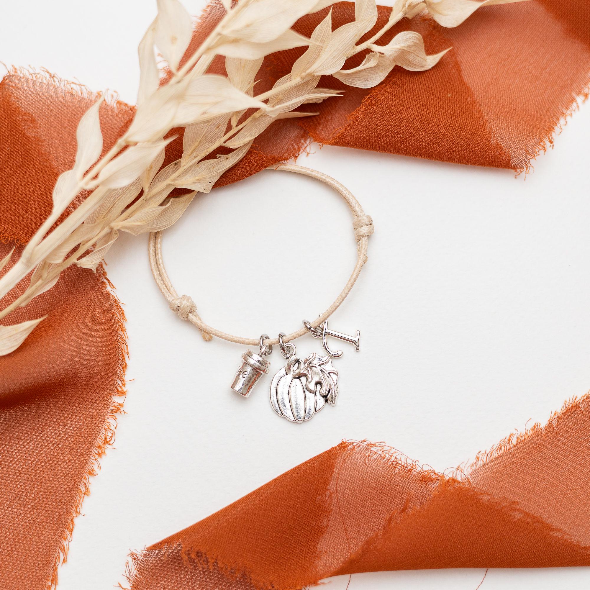 Pumpkin coffee bracelet, waxed cord adjustable, personalised gifts, pumpkin spice latte jewellery, birthstone letter October birthday Autumn