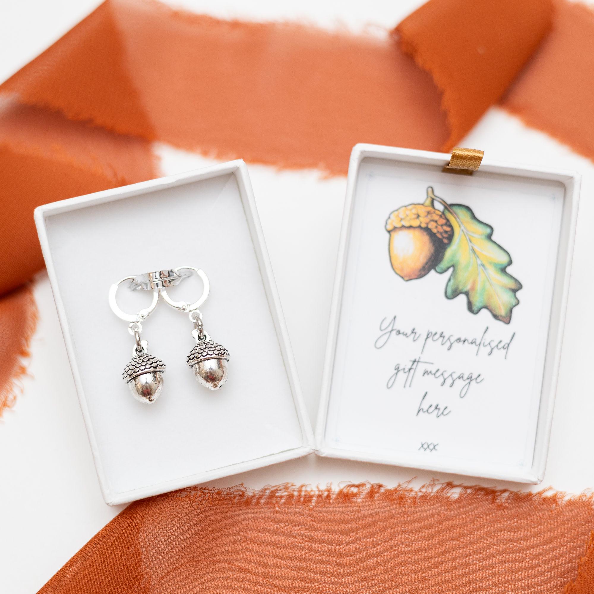 Acorn earrings, Autumn jewellery, oak tree gift, woodland walk, nature accessory, Autumnal style, acorn gift, acorn jewellery, hoops huggies