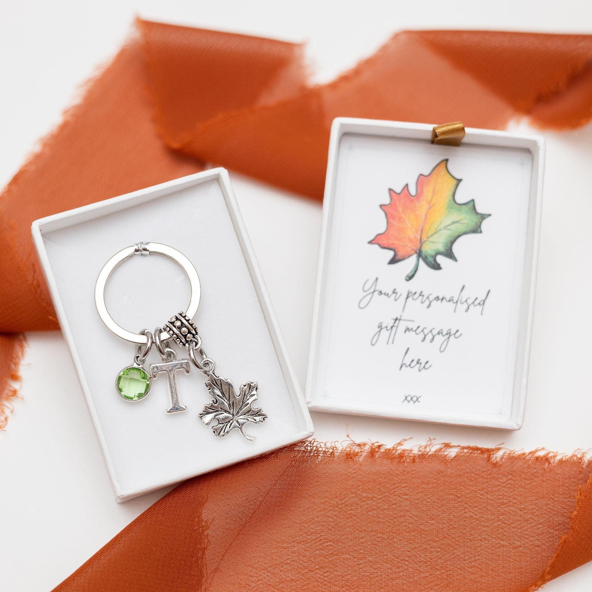 Maple leaf keyring, personalised gifts, birthstone and letter, crunchy Autumn leaves, Canadian gift, Canada surprise trip reveal, bag charm