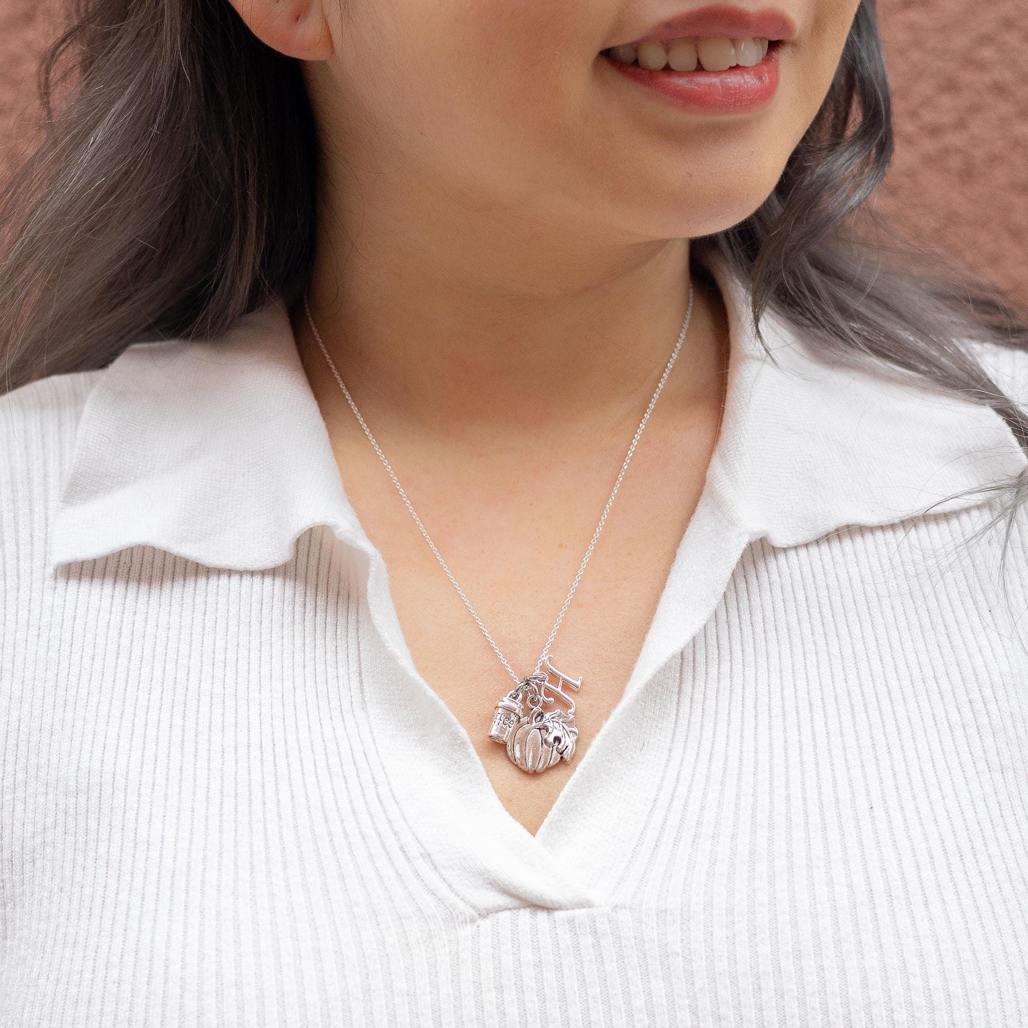 Pumpkin Spice Latte Necklace: Personalised Initial Charm, Autumn Jewellery