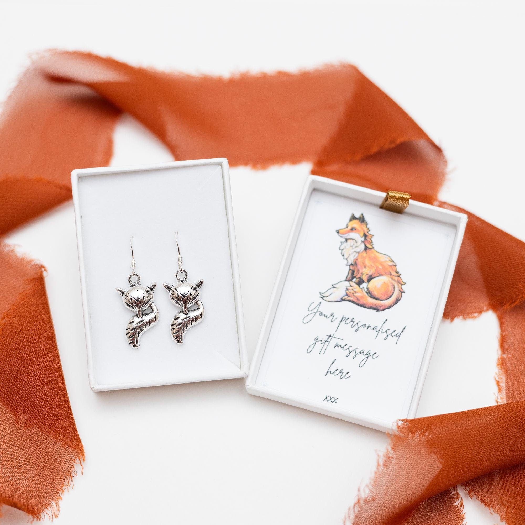 Fox earrings, fox gifts, drop dangle charms, animal gifts, vixen jewellery, foxes face tail, woodland animal, nature jewellery