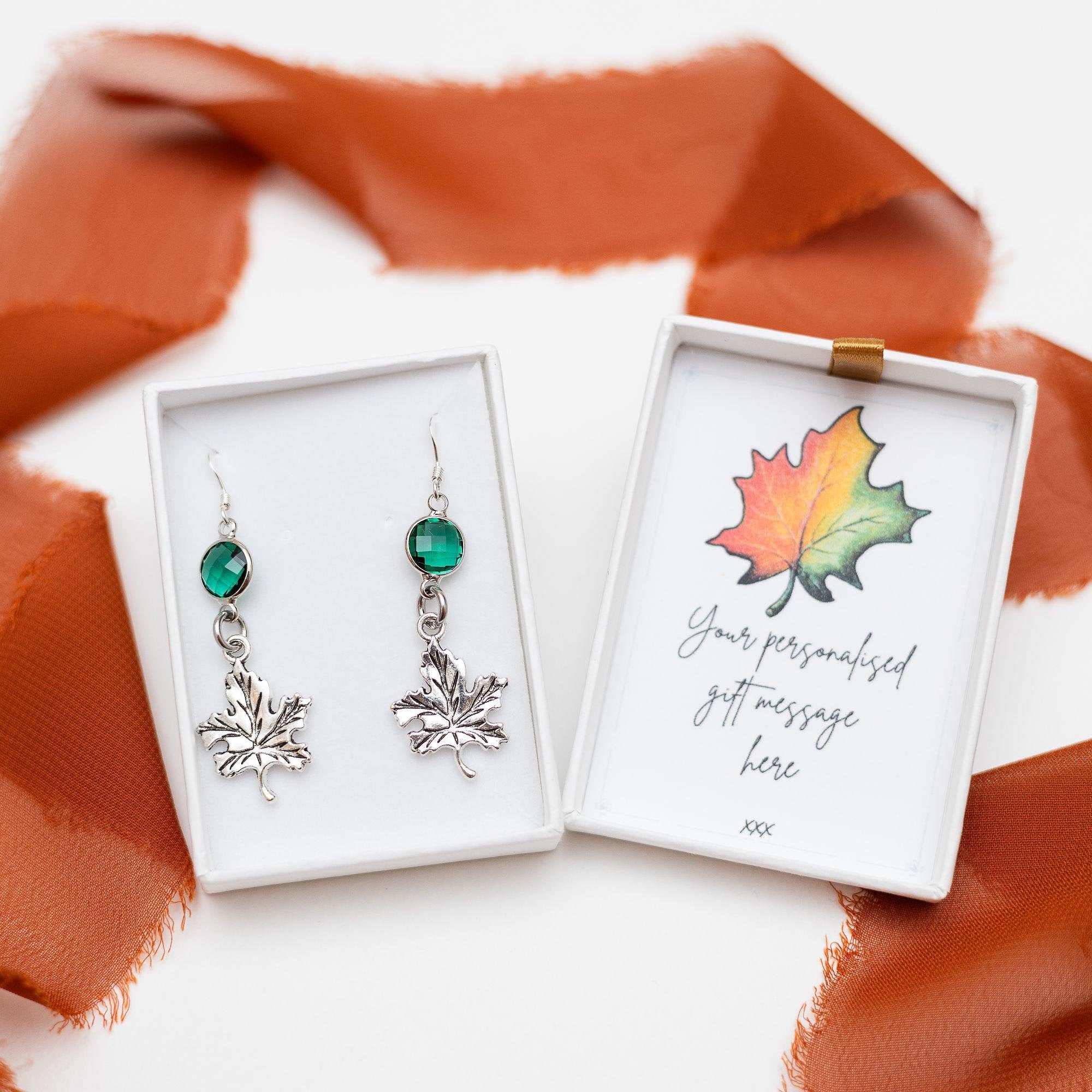 Maple leaf earrings, birthstone jewellery, personalised gifts, Autumn leaves, Autumnal style, woodland walks, nature tree
