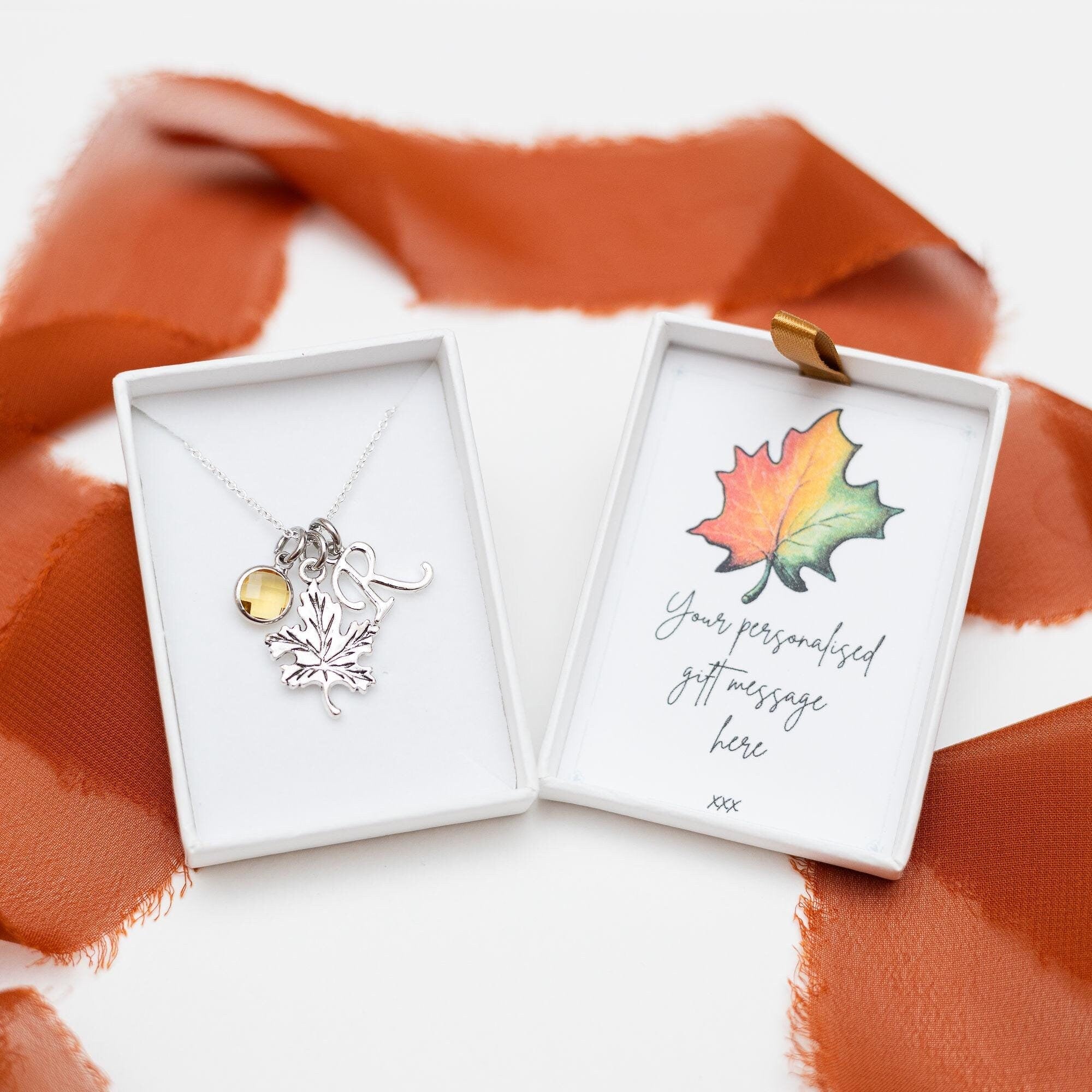 Maple leaf necklace, personalised gifts, birthstone initial jewellery, Autumn leaves, custom fall gifts, woodland walks, Candian gifts