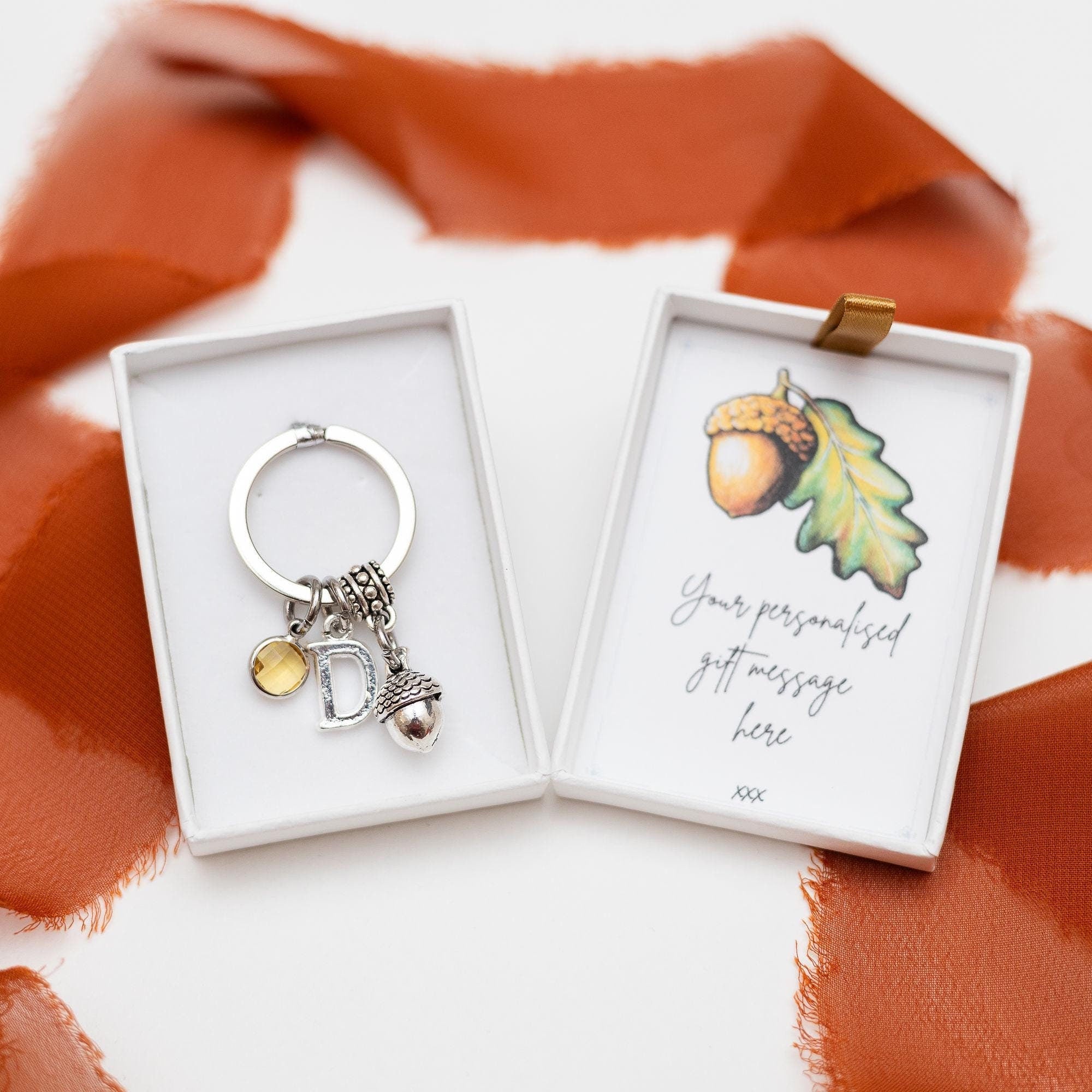 Acorn  keyring, personalised gifts, woodland walks nature, oak tree gift, birthstone initial, teacher thank you, fall Autumn bag charm