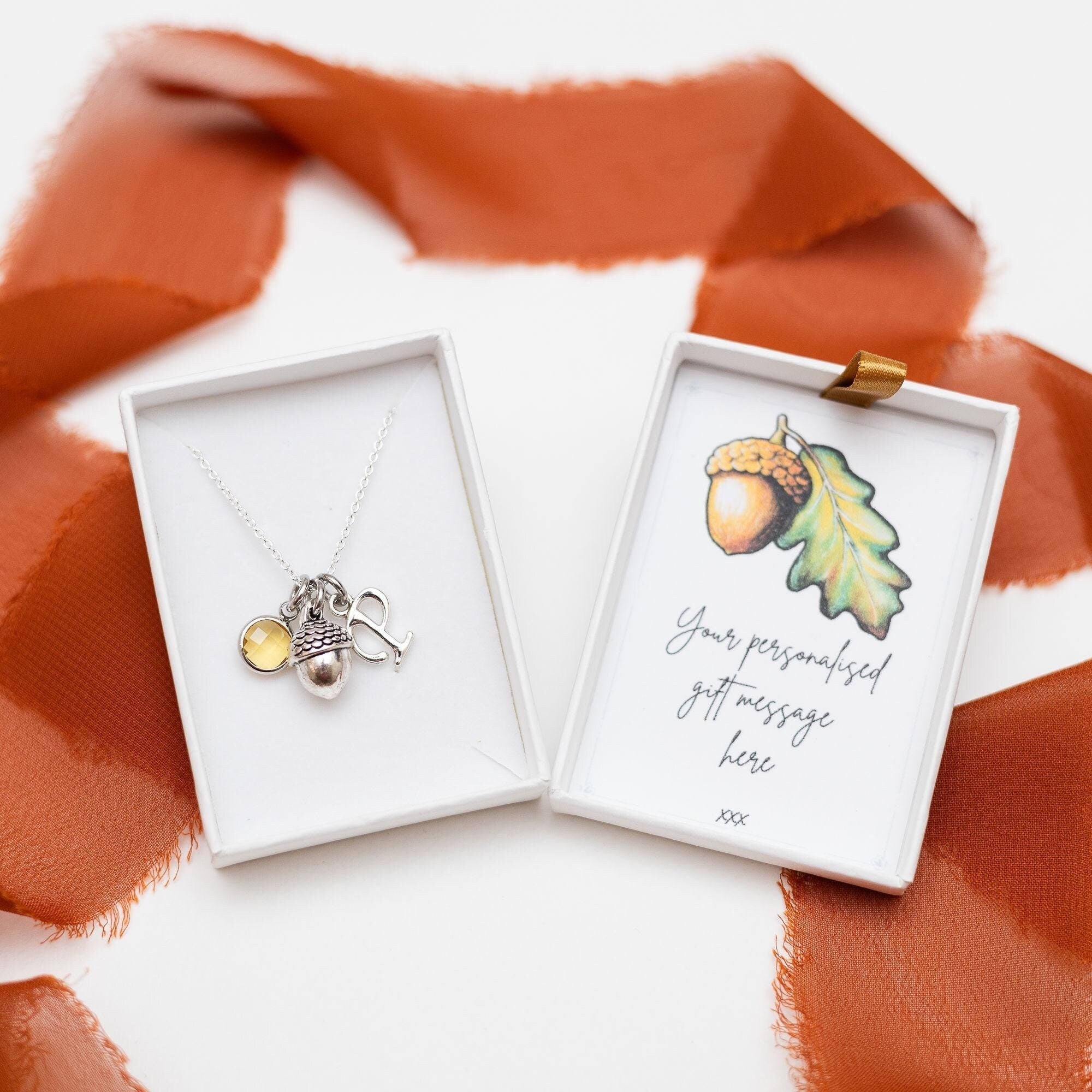 Acorn necklace, personalised gifts, autumnal woodland accessory, teacher thank you gift, birthstone letter charm, nursery nurse gift