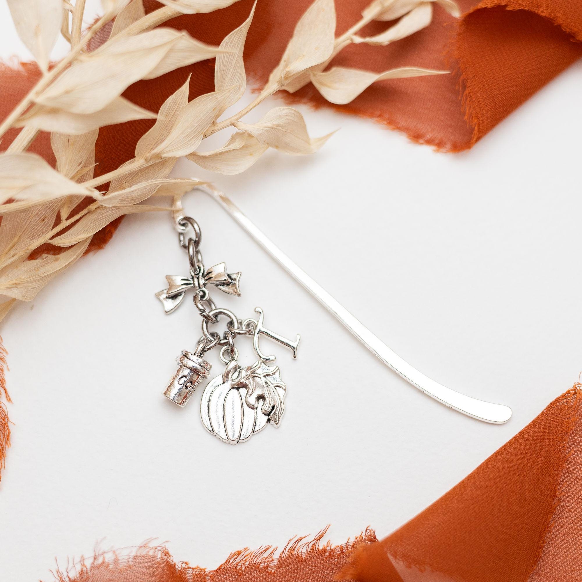 Pumpkin spice latte bookmark, personalised gifts, letter charm, metal page marker, October birthday, coffee, book lover, spooky season