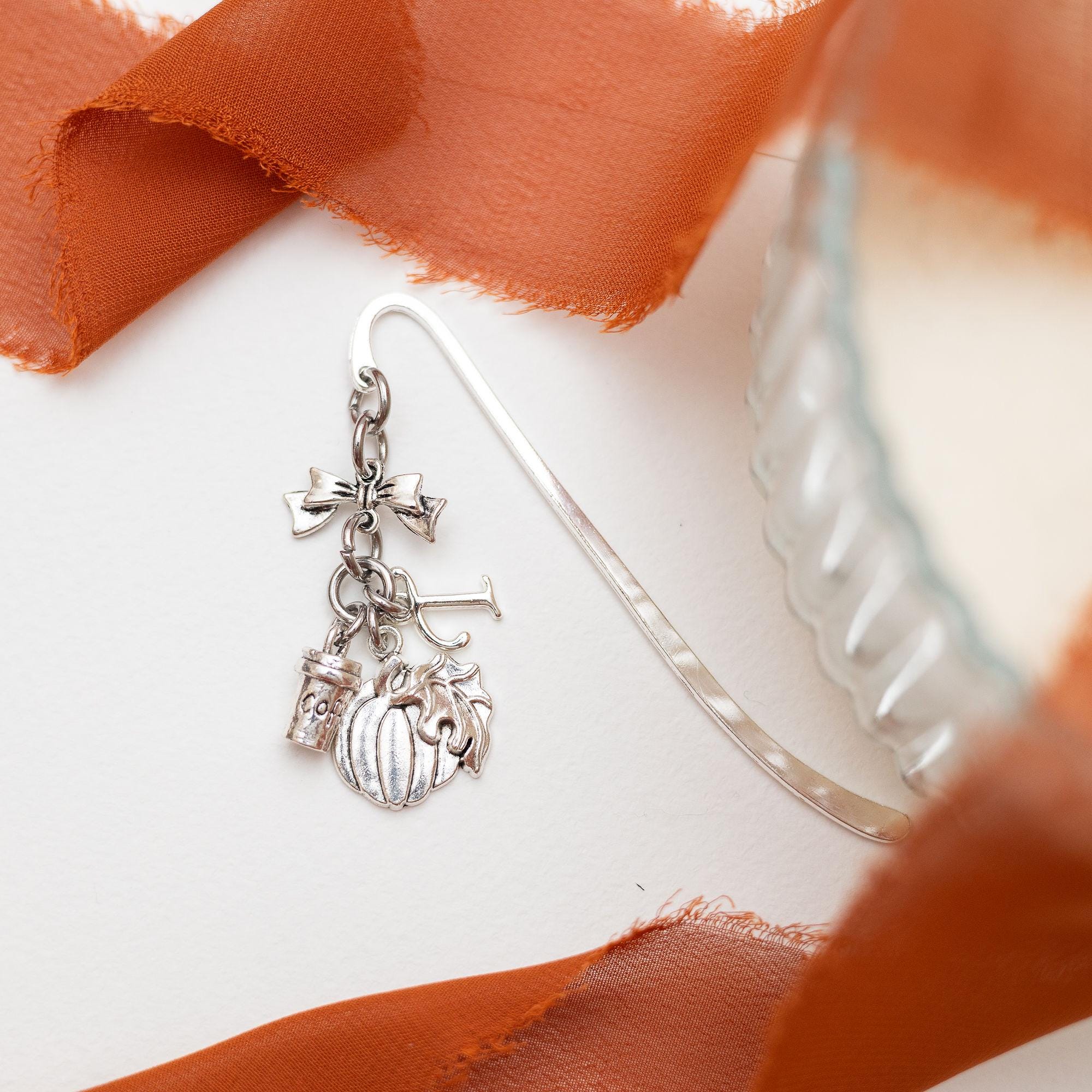 Pumpkin spice latte bookmark, personalised gifts, letter charm, metal page marker, October birthday, coffee, book lover, spooky season