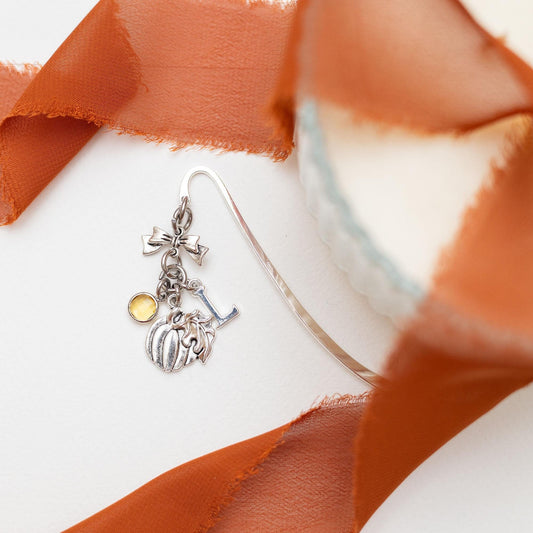 Pumpkin bookmark, personalised gifts, birthstone initial, metal page marker, October birthday, book lover, pumpkin picking, Autumn decor