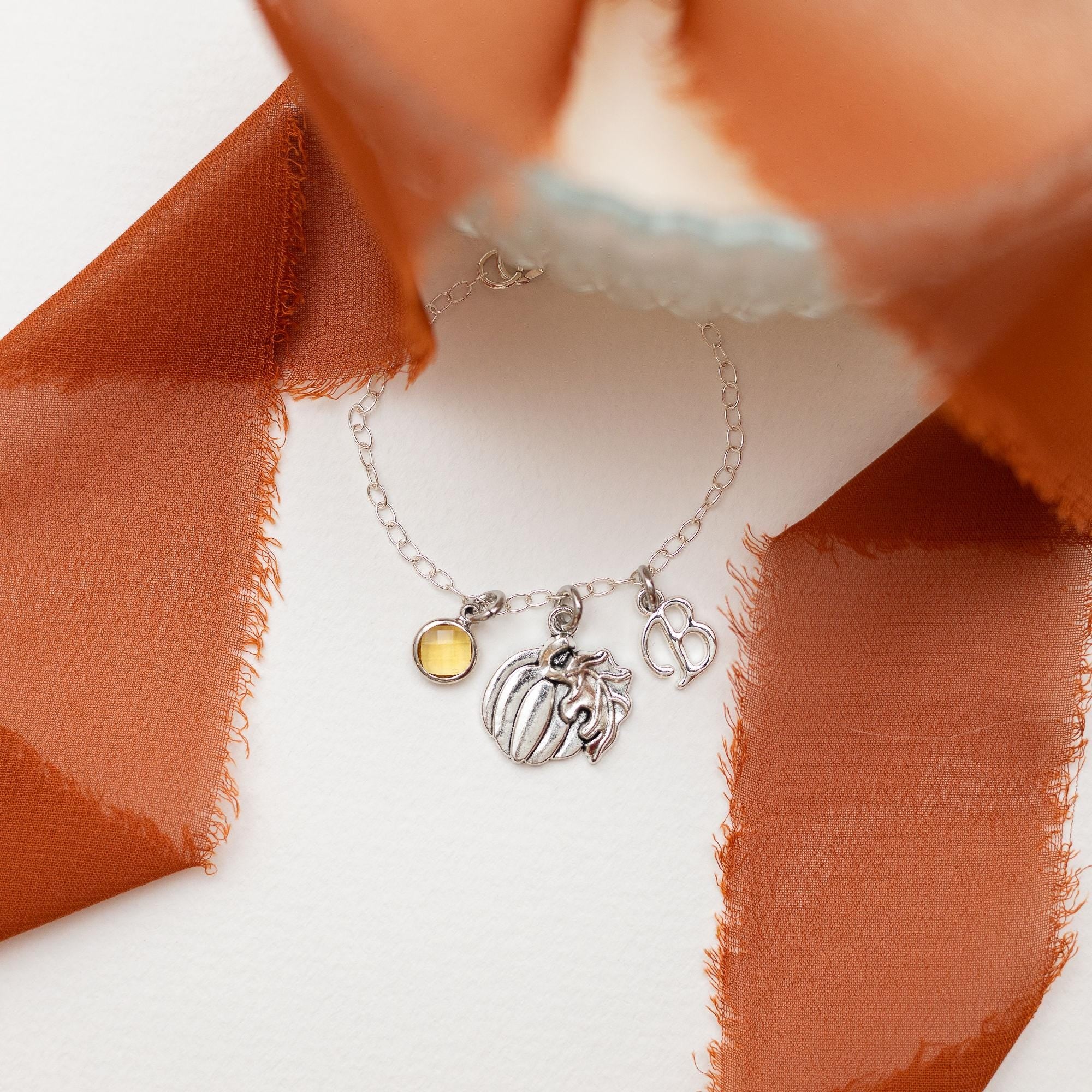 Pumpkin bracelet, personalised gifts, Autumn jewellery, pumpkin patch, friendship keepsake, October birthday, Halloween 2025, birthstone