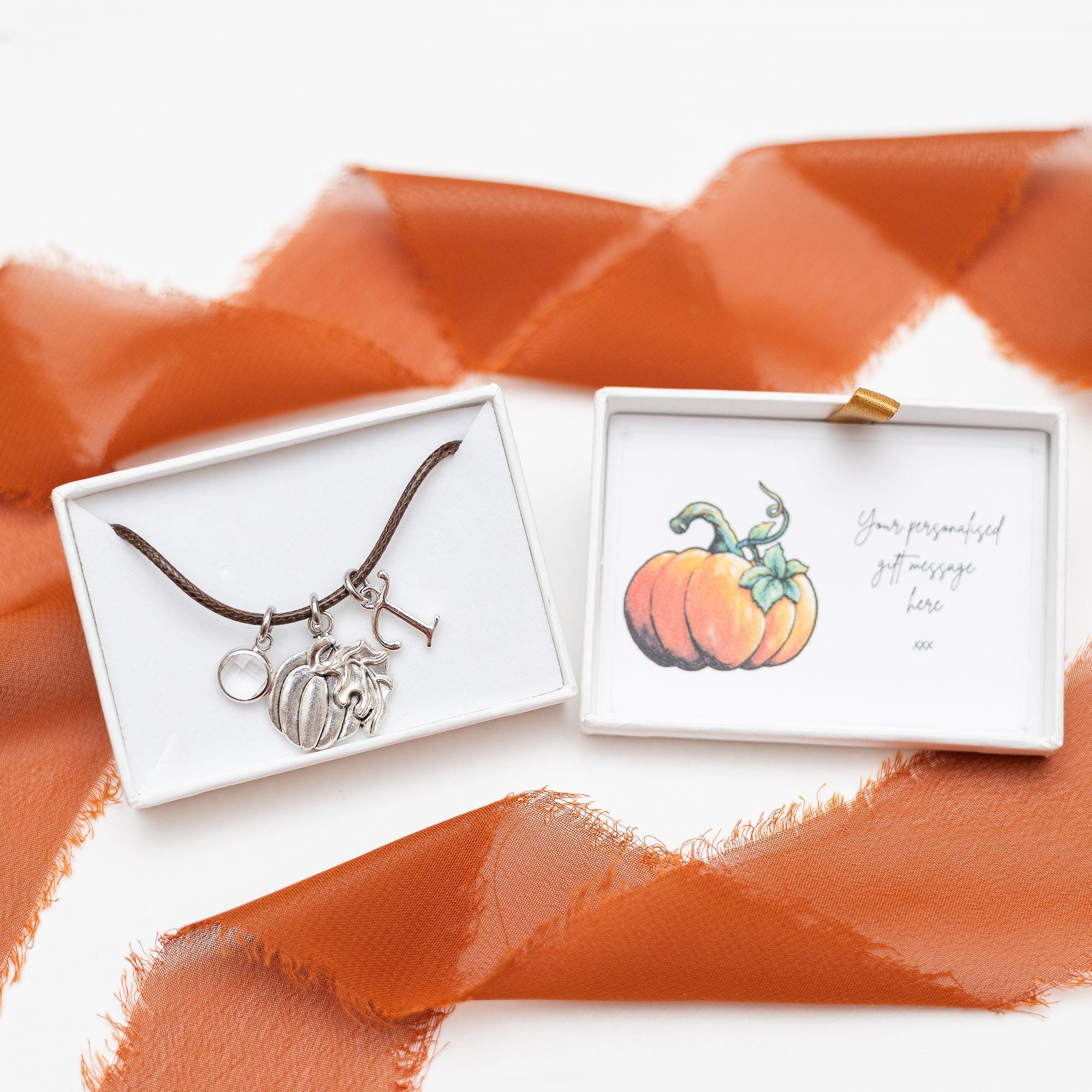 Personalised Pumpkin Charm Bracelet: Birthstone Initial, Adjustable Cord