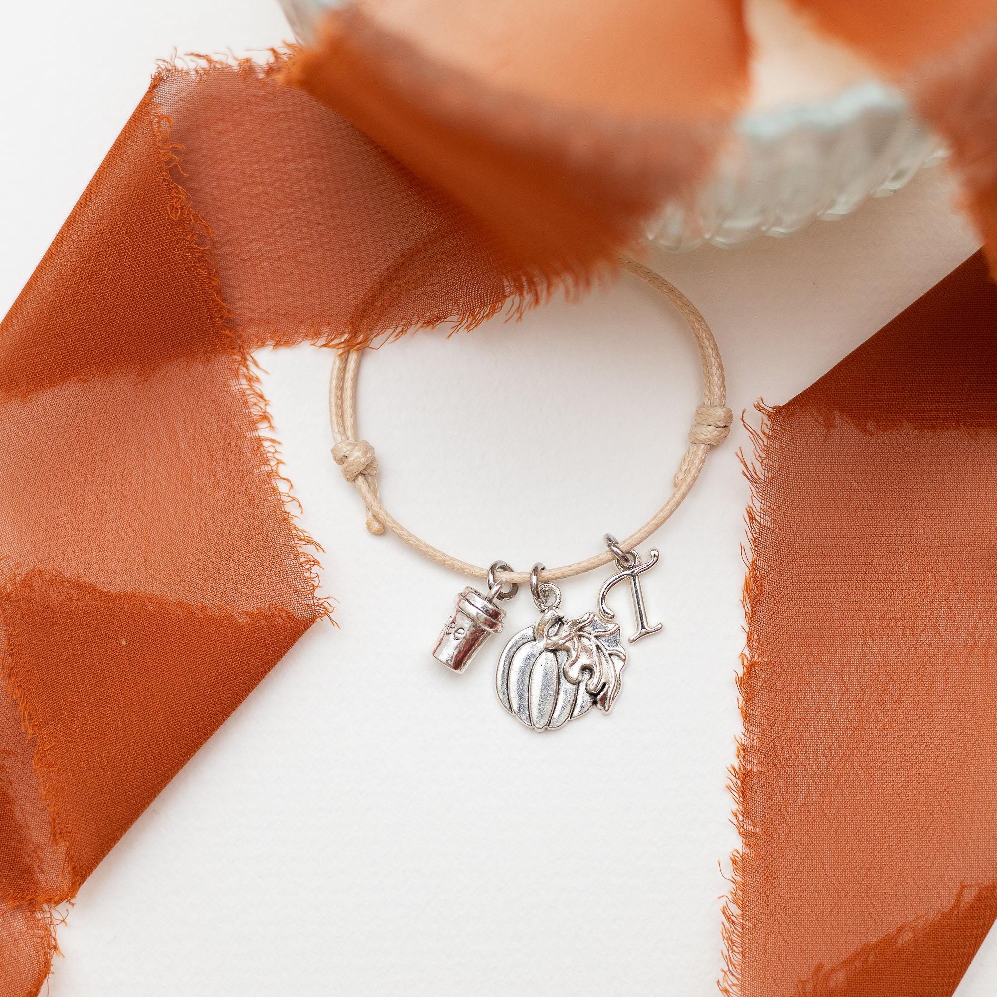 Pumpkin coffee bracelet, waxed cord adjustable, personalised gifts, pumpkin spice latte jewellery, birthstone letter October birthday Autumn