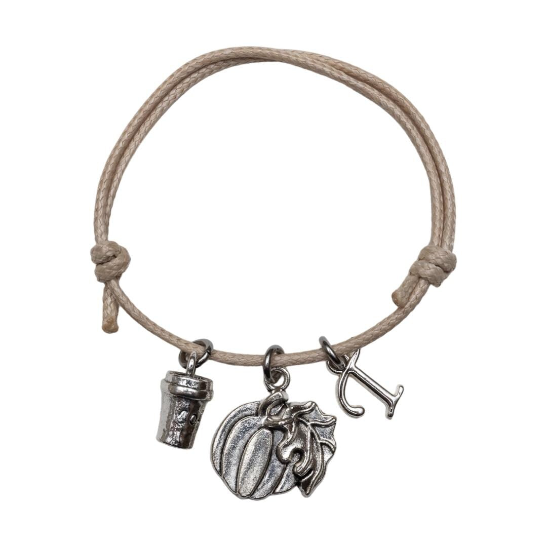 Pumpkin coffee bracelet, waxed cord adjustable, personalised gifts, pumpkin spice latte jewellery, birthstone letter October birthday Autumn