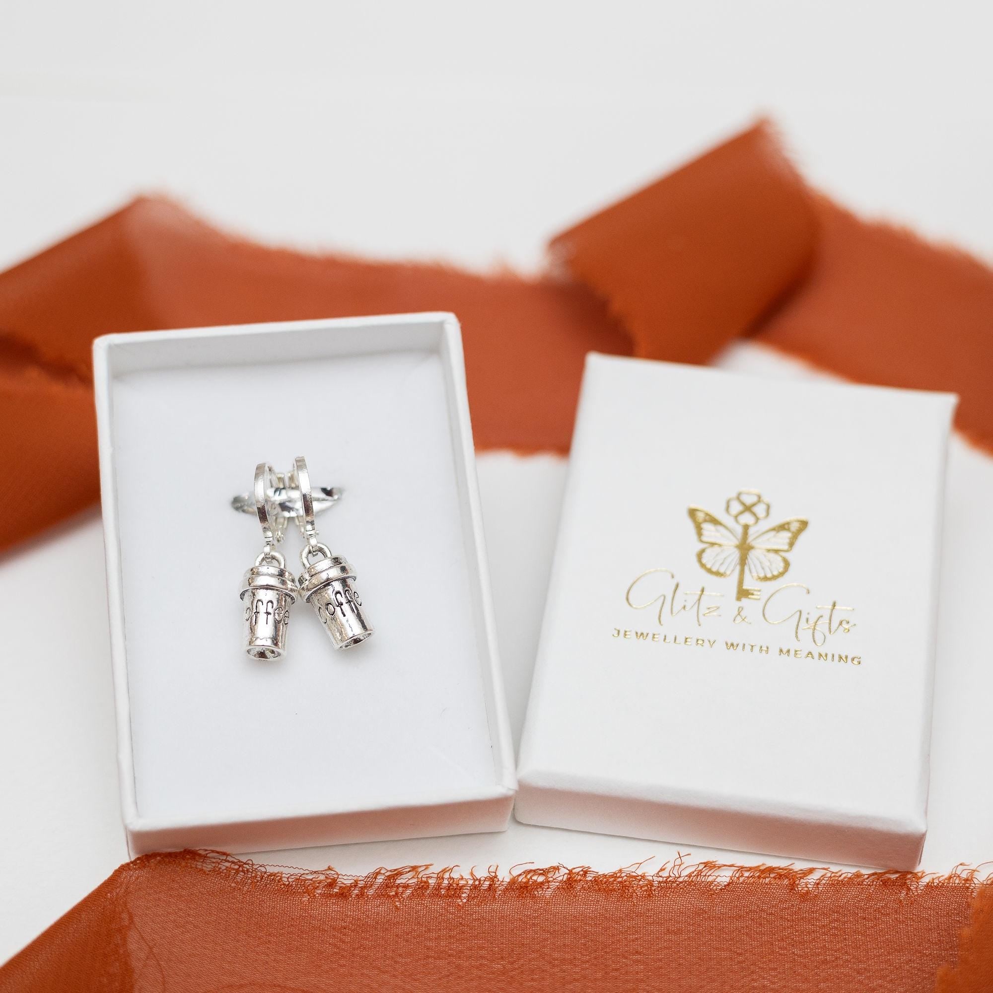 Coffee cup earrings, Autumn jewellery, coffee gift, pumpkin spice latte, hoop huggies, barista gift, café owner accessory, caffeine theme