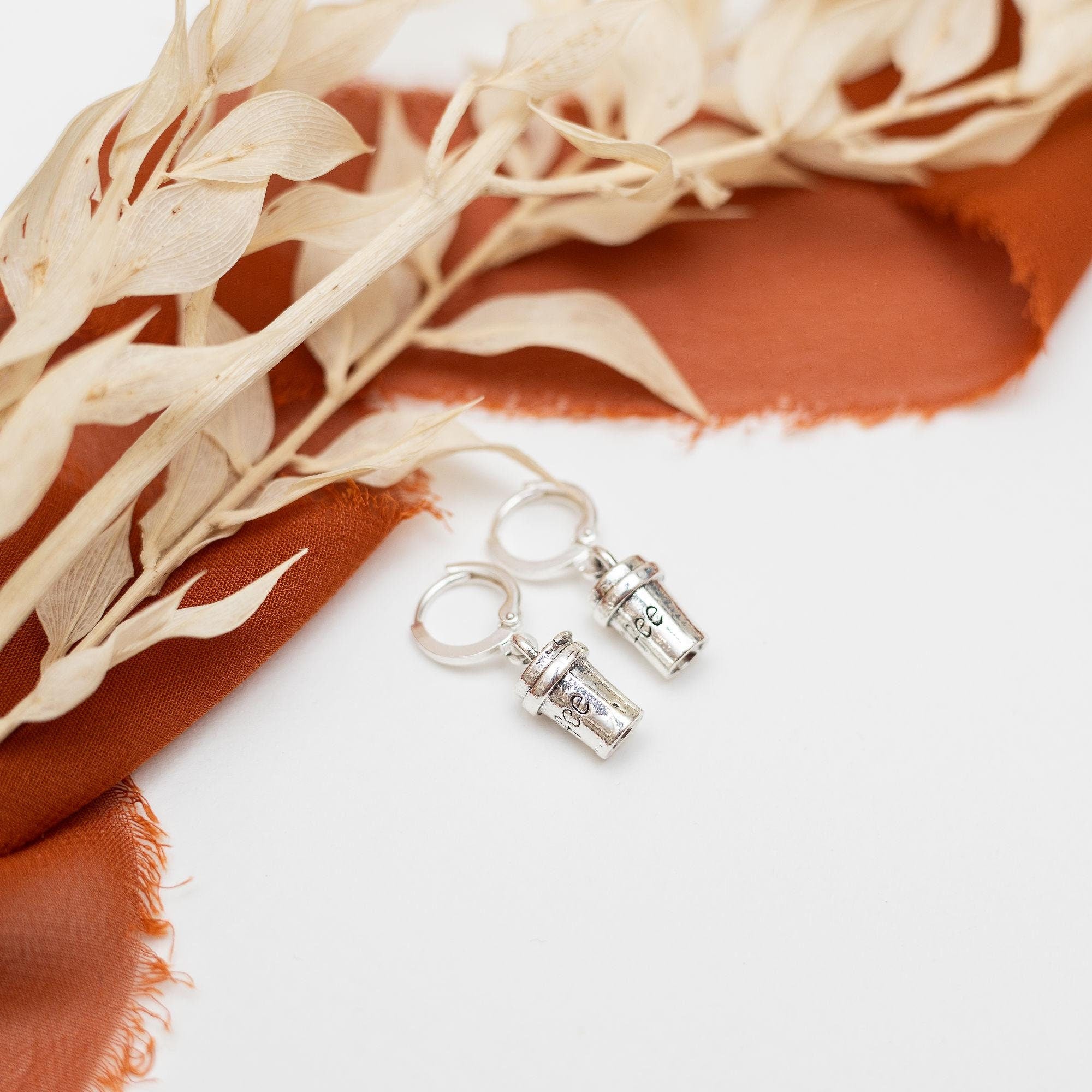 Coffee cup earrings, Autumn jewellery, coffee gift, pumpkin spice latte, hoop huggies, barista gift, café owner accessory, caffeine theme