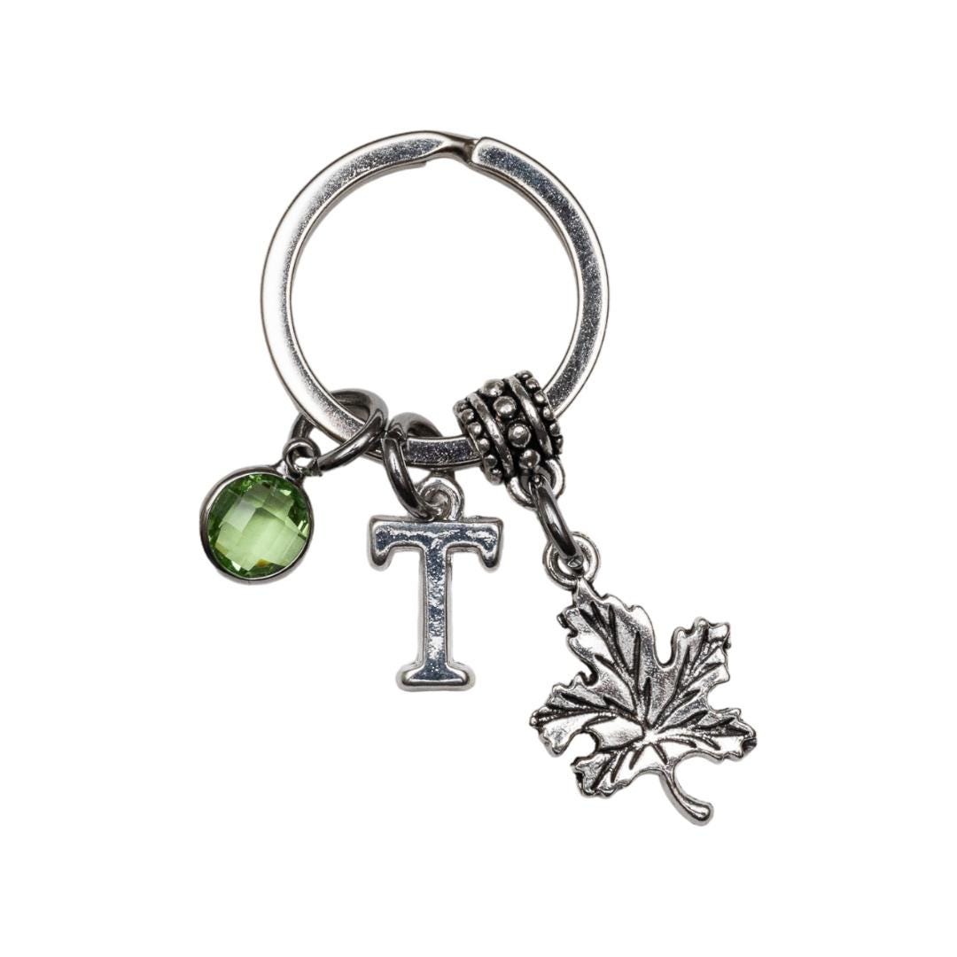 Maple leaf keyring, personalised gifts, birthstone and letter, crunchy Autumn leaves, Canadian gift, Canada surprise trip reveal, bag charm