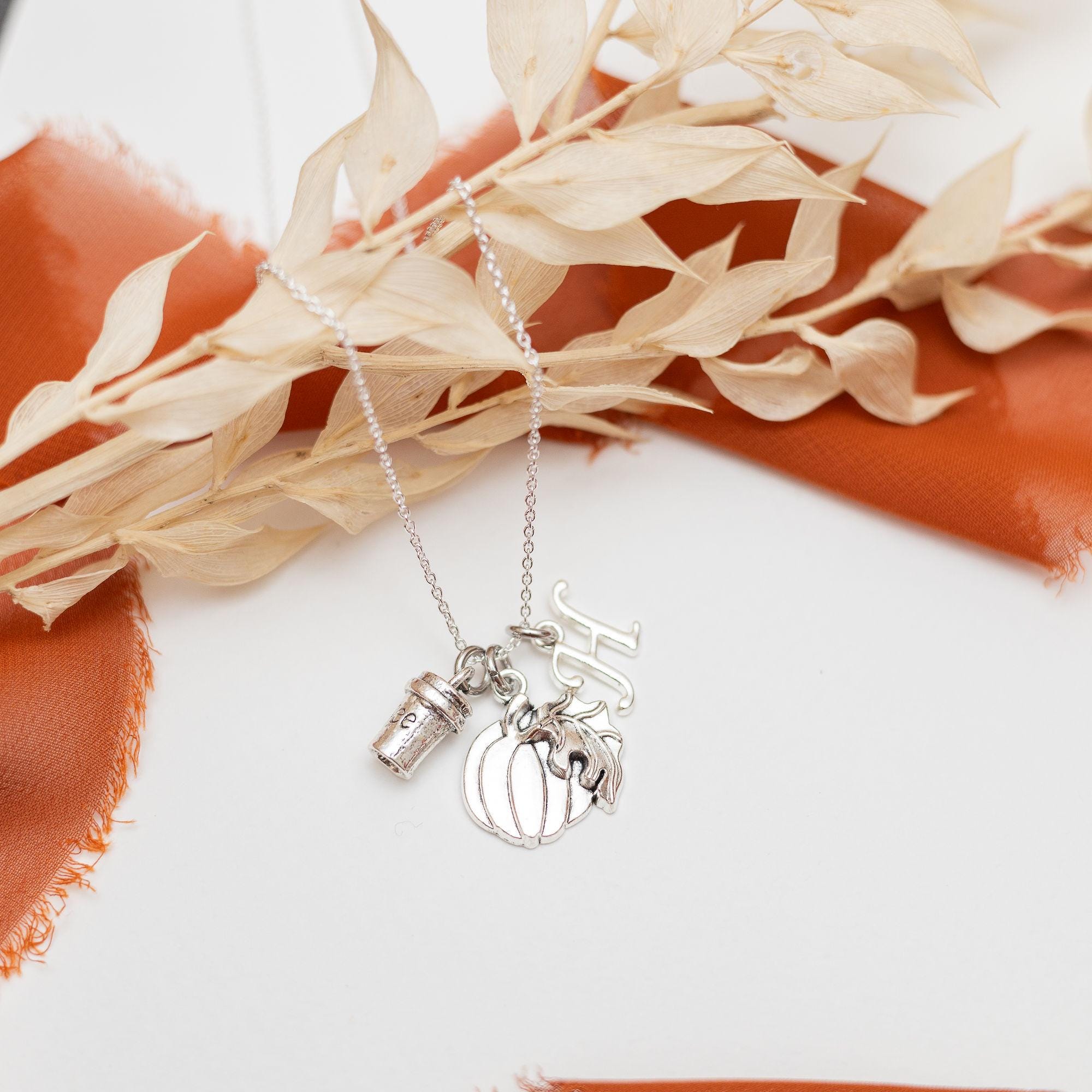 Pumpkin Spice Latte Necklace: Personalised Initial Charm, Autumn Jewellery