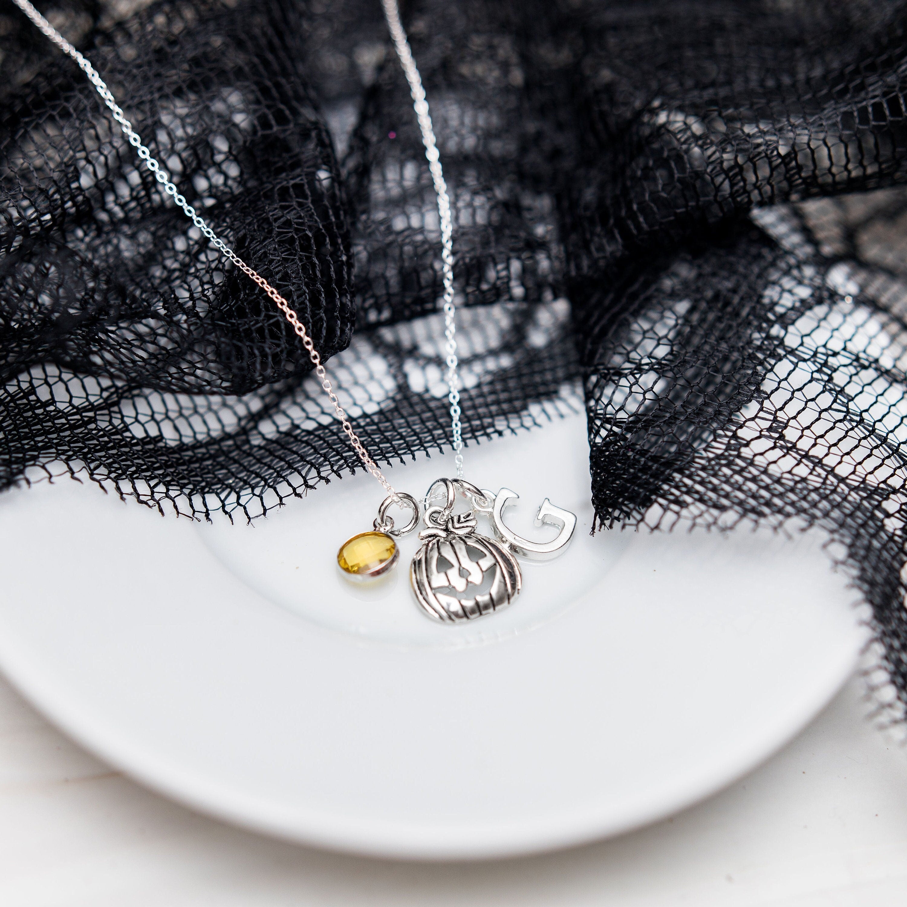 Pumpkin necklace, personalised gifts, Halloween jewellery, birthstone initial charm, October birthday, spooky accessories, jack o' lantern