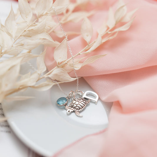 Turtle necklace, personalised gifts, turtle lover gift, sea life gift, ocean jewellery, birthstone initial letter charm, sea animal creature