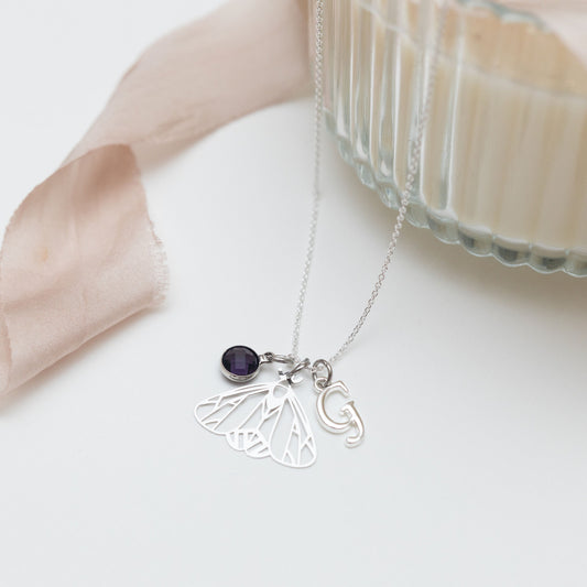 Moth necklace, personalised gifts, birthstone initial, filigree gothic jewellery, Halloween 2025, insect accessory, cicada gift, wing forest