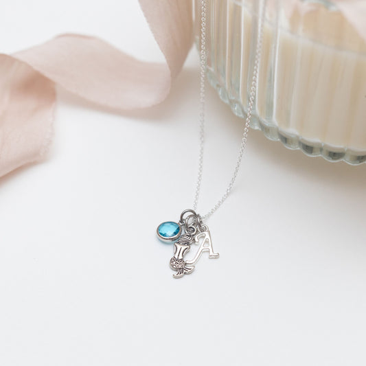 Mermaid necklace, personalised gifts, birthstone initial, sea creature gifts, beach lover gift, ocean swimming gift, mermaid gift