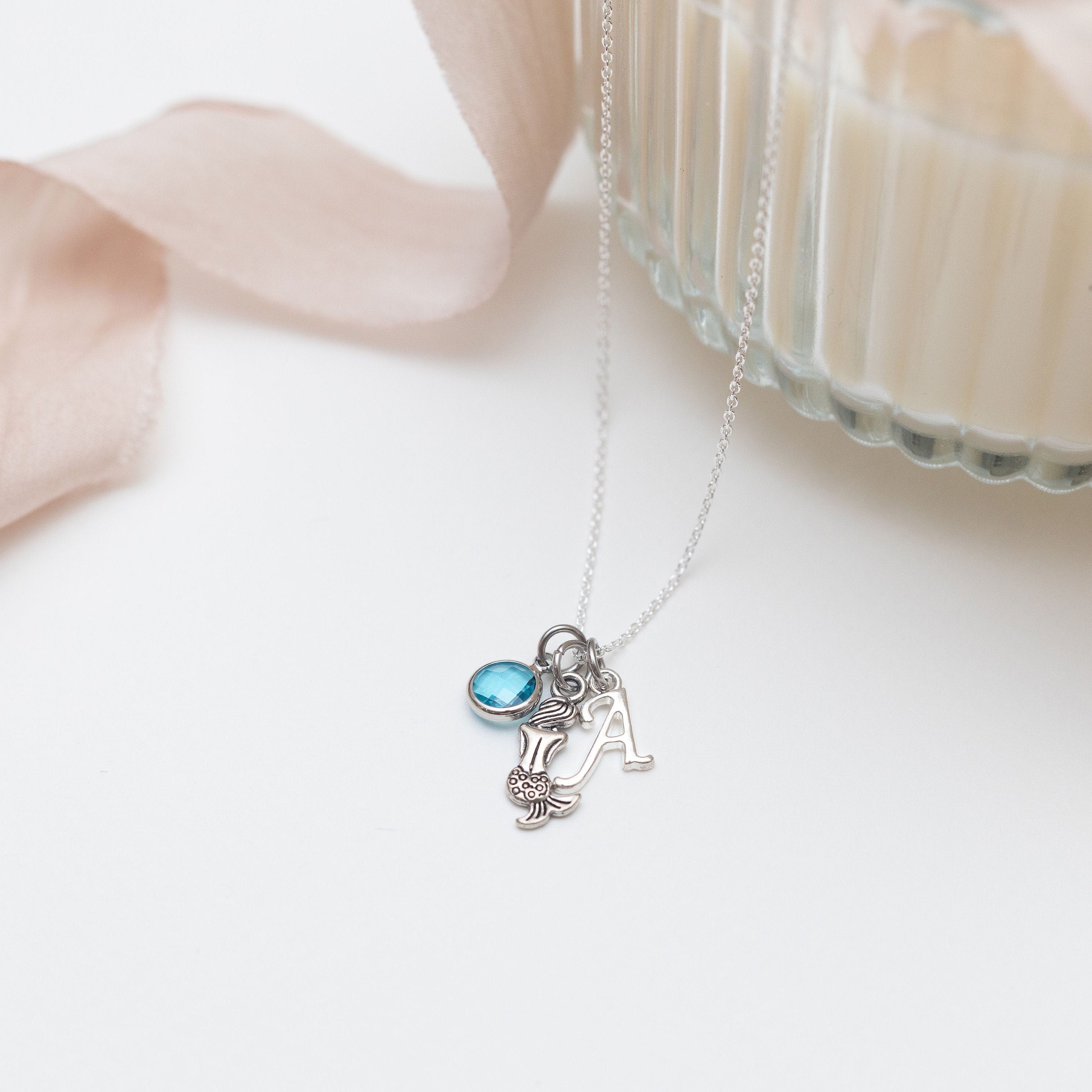 Mermaid Necklace: Personalised Initial & Birthstone Charm
