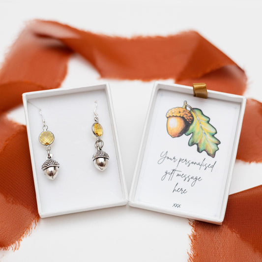 Acorn earrings, birthstone jewellery, personalised gifts, birthday jewellery, acorn theme gifts, woodland nature, Autumnal Autumn style