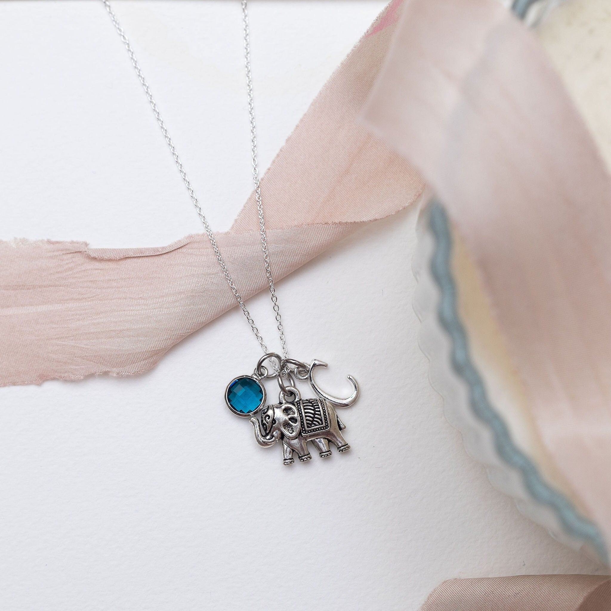 Elephant Charm Necklace: Personalised Birthstone Initial Pendant