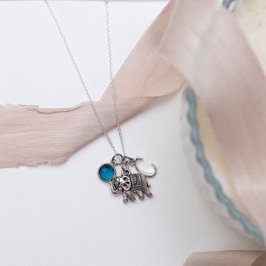 Elephant Charm Necklace: Personalised Birthstone Initial Pendant