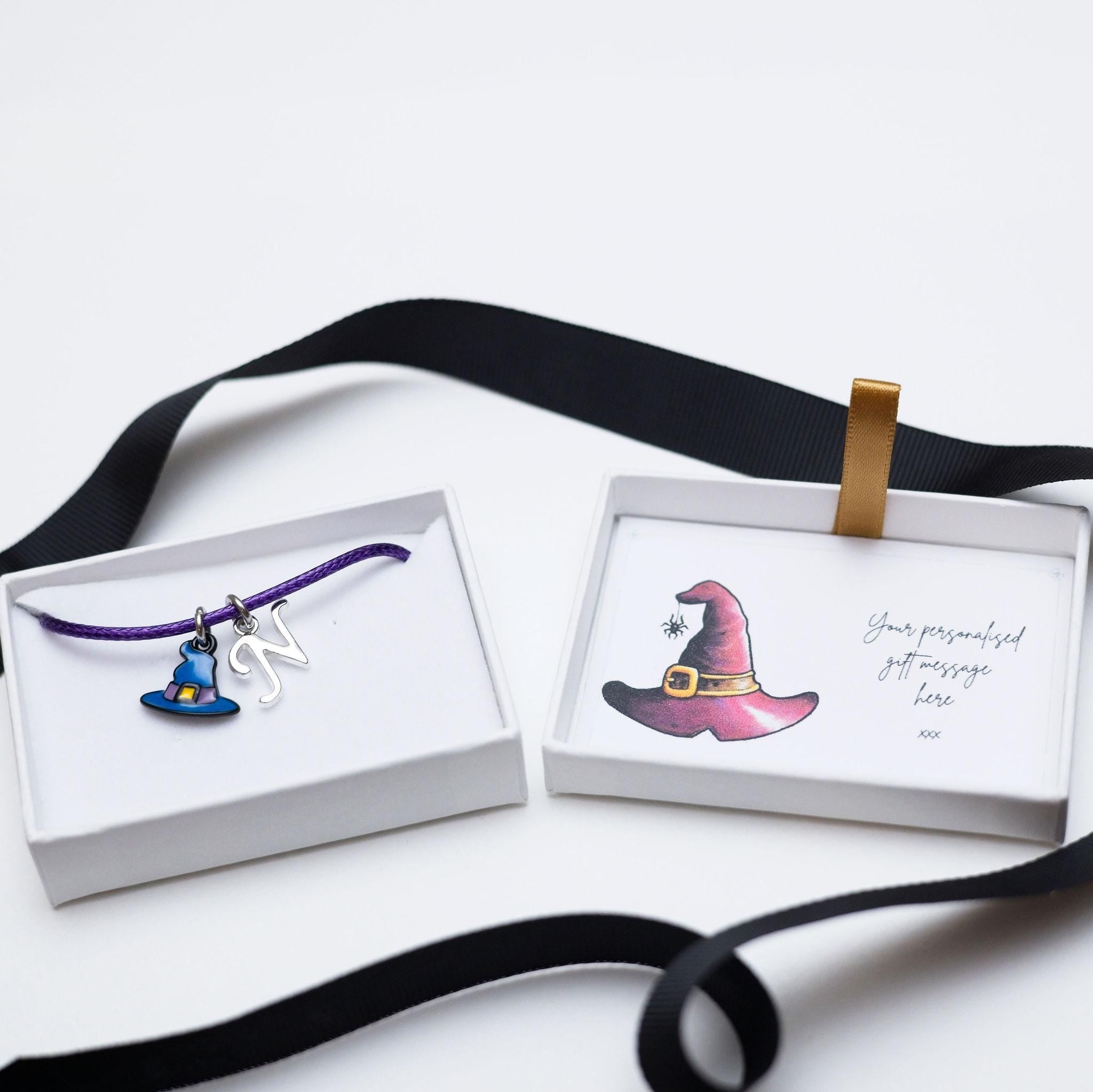 Personalised Witch Hat Bracelet: Adjustable Cord, Initial Charm