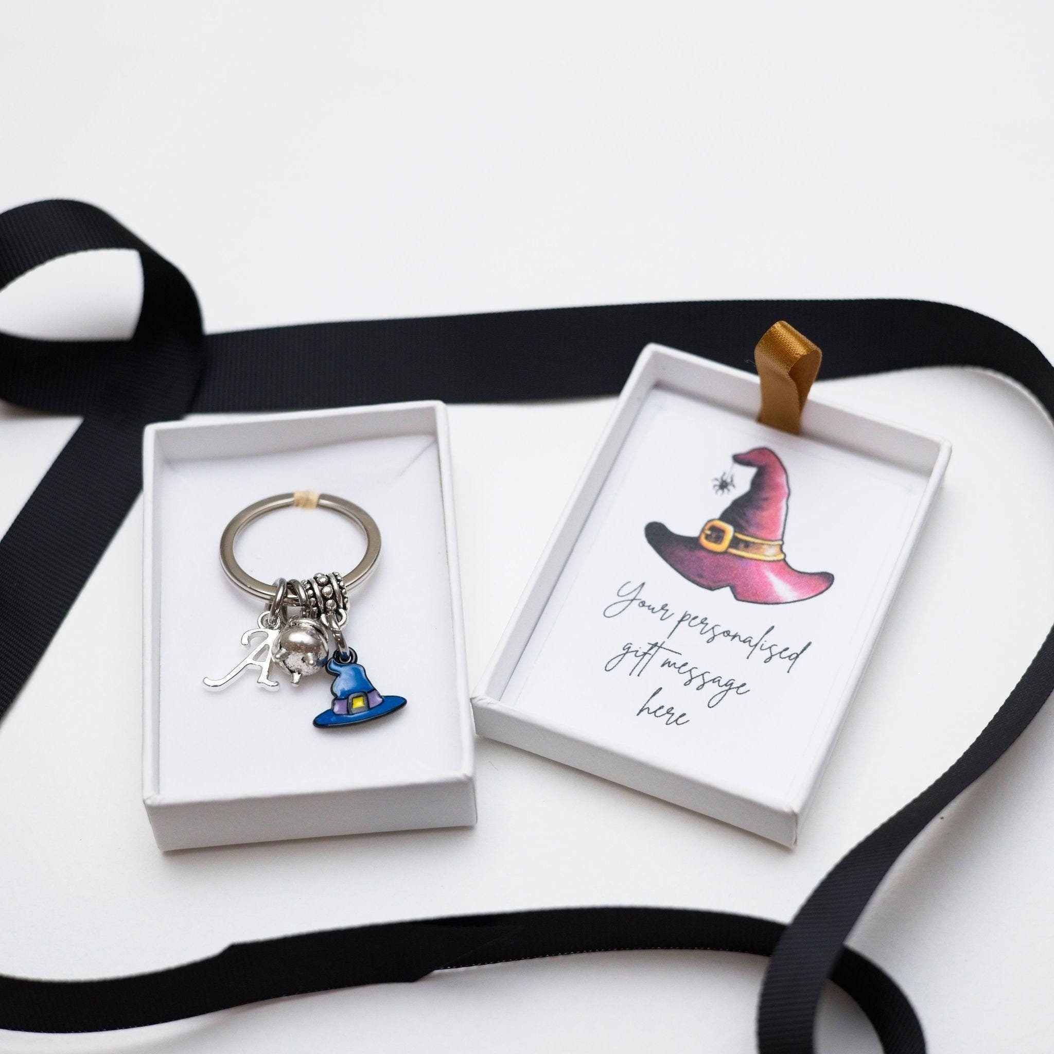Enamel witch hat and cauldron keyring, Halloween, witchy bag charm, personalised gifts, birthstone initial jewellery, goth accessories