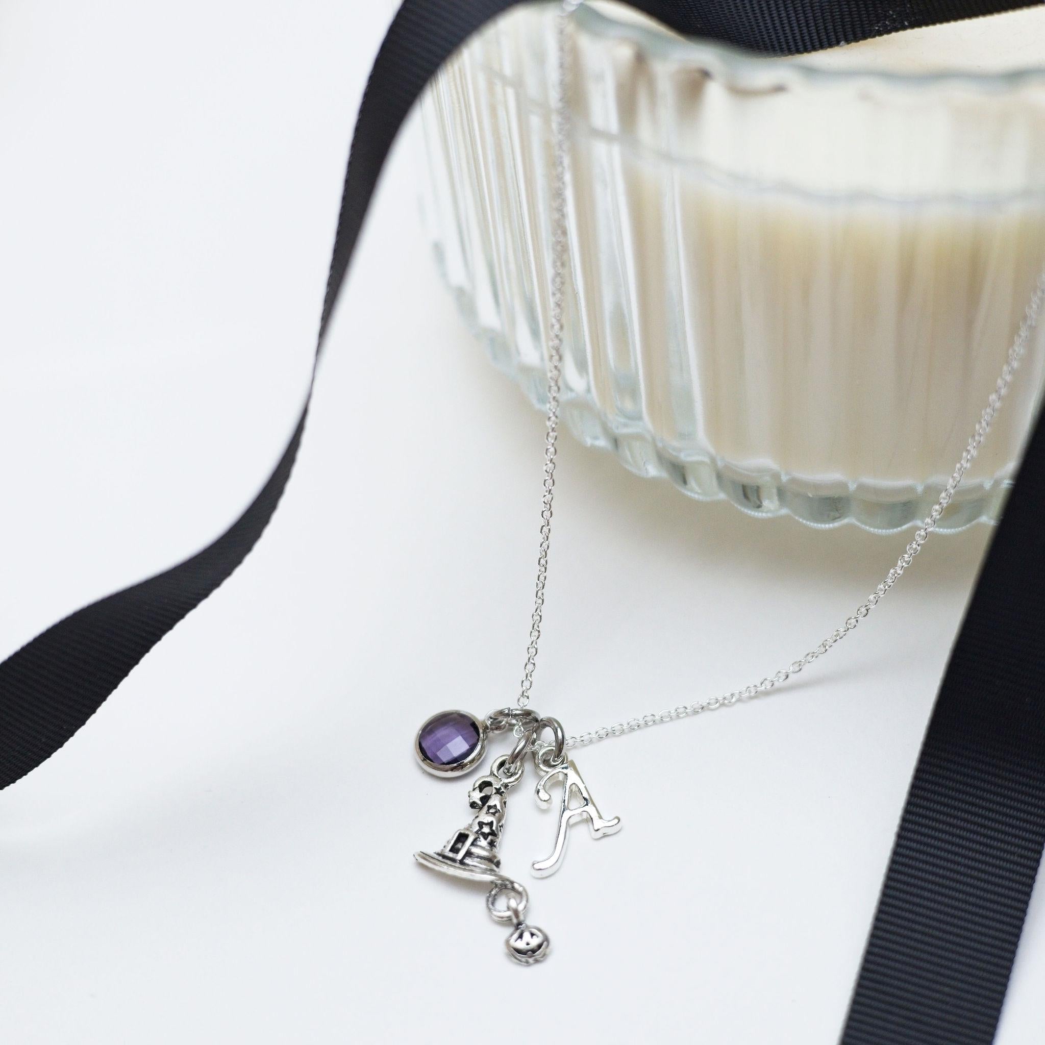 Witch hat necklace, personalised gifts, Halloween 2025 jewellery, birthstone initial charm, October birthday, spooky accessories, boo basket