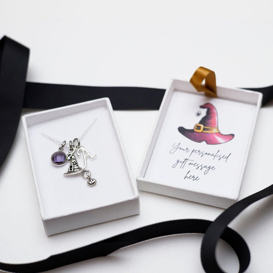 Witch hat necklace, personalised gifts, Halloween 2025 jewellery, birthstone initial charm, October birthday, spooky accessories, boo basket