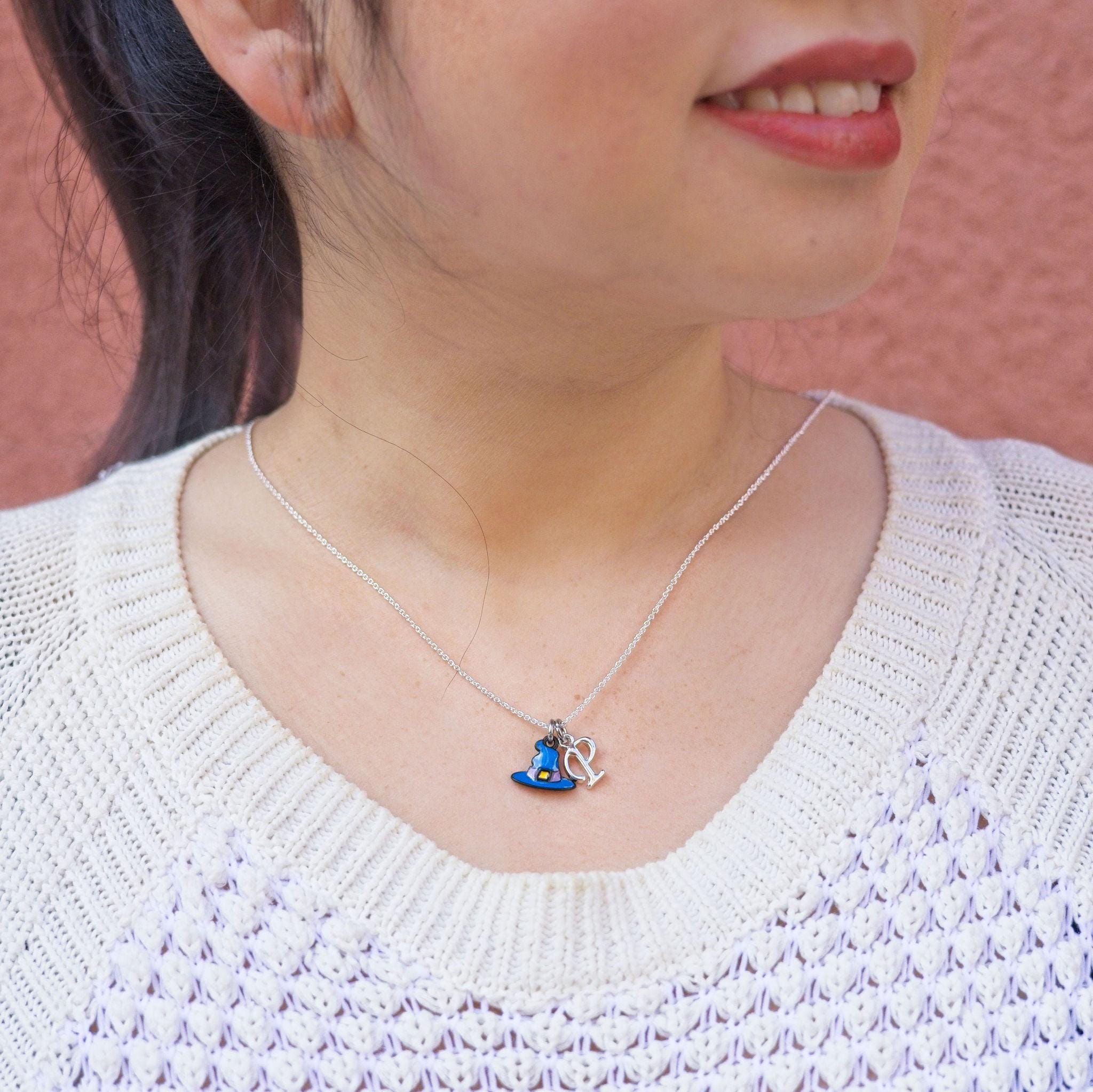 Witch hat necklace, wizard enamel blue, personalised gifts, Halloween jewellery, birthstone initial charm, spooky accessories, witchy goth