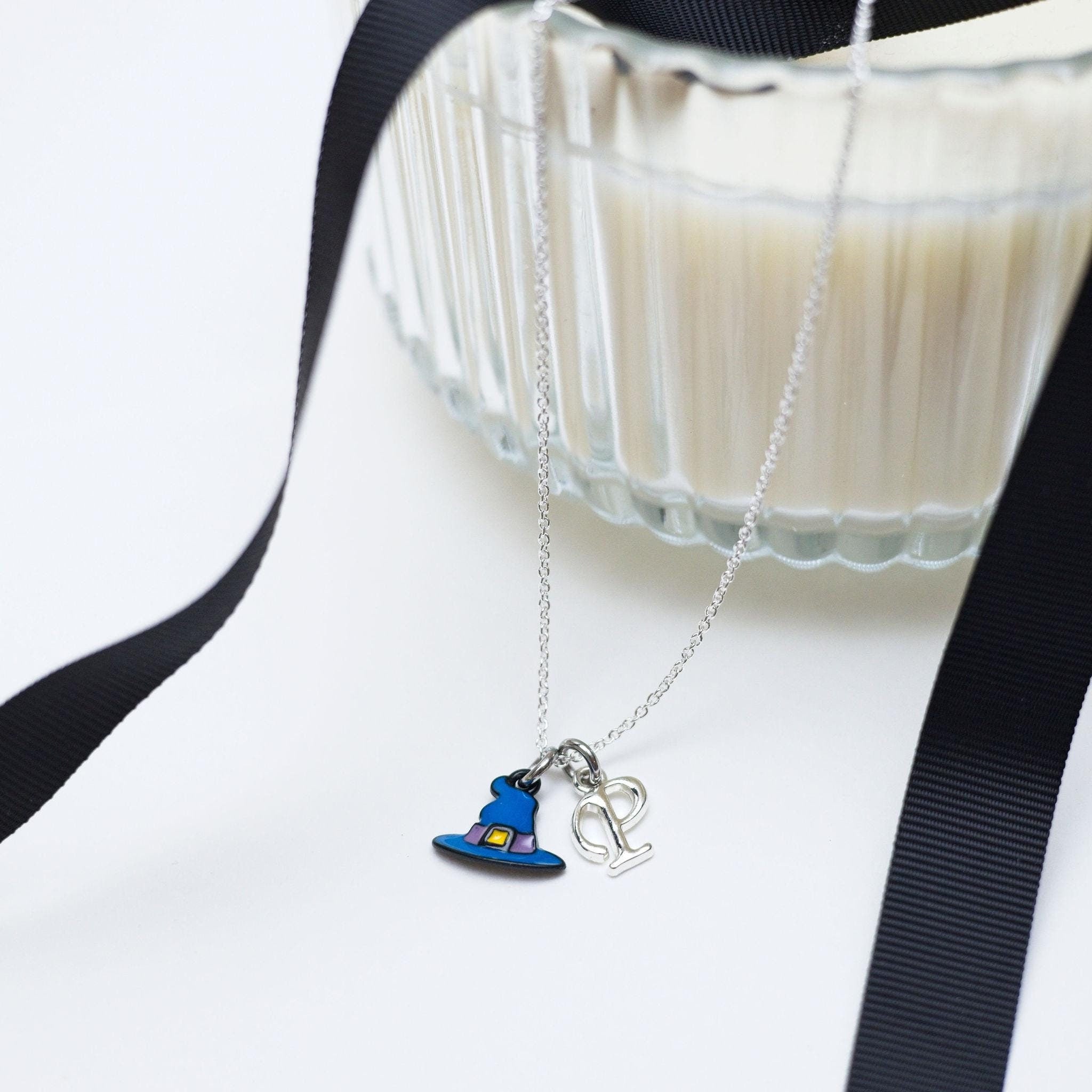 Witch hat necklace, wizard enamel blue, personalised gifts, Halloween jewellery, birthstone initial charm, spooky accessories, witchy goth